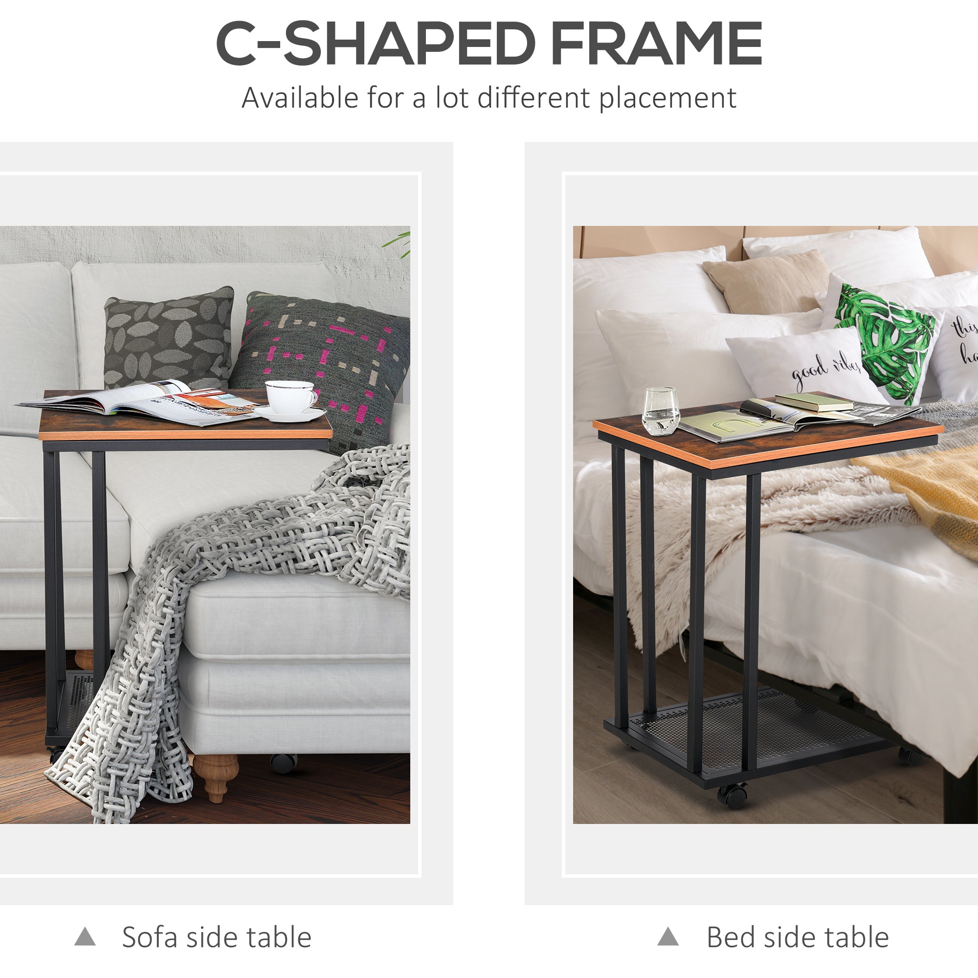 Kozy C Shaped Side Table with Wheels, Mobile End Table, Laptop Stand with Metal Frame and Storage Shelf, Rustic Brown