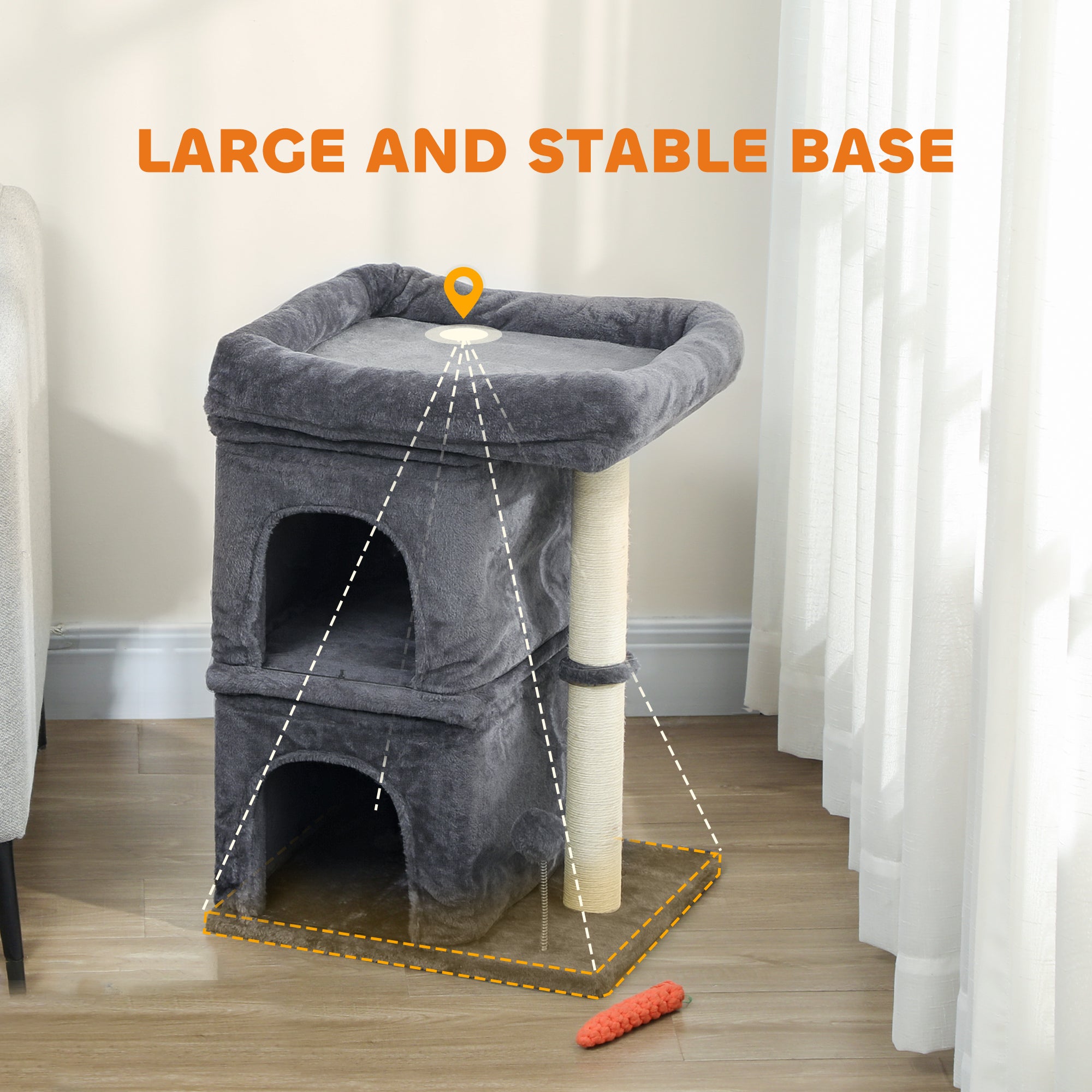 Kozy - 66 cm Small Cat Tree for Large Cats, Cat Tower w/ Large Top Perch, 2 Condos, Sisal Scratching Post, Toy Ball, Dark Grey