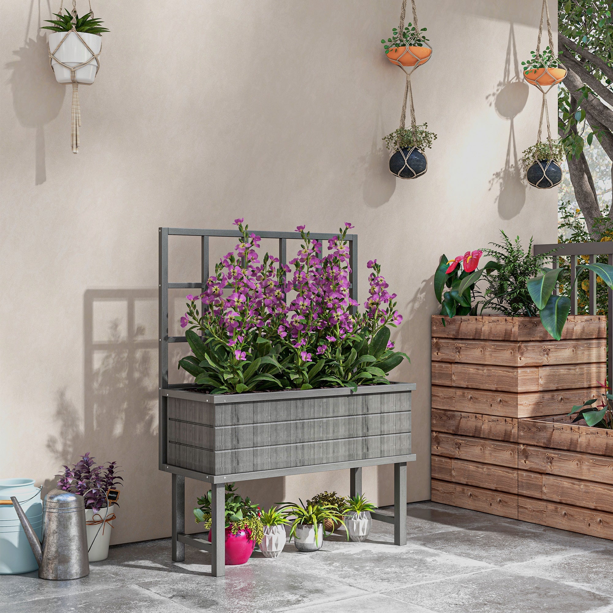 Outsunny Wooden Elevated Garden Bed with Trellis, Planter for Vine Climbing Plants, with Drainage Holes and Bed Liner | Aosom UK