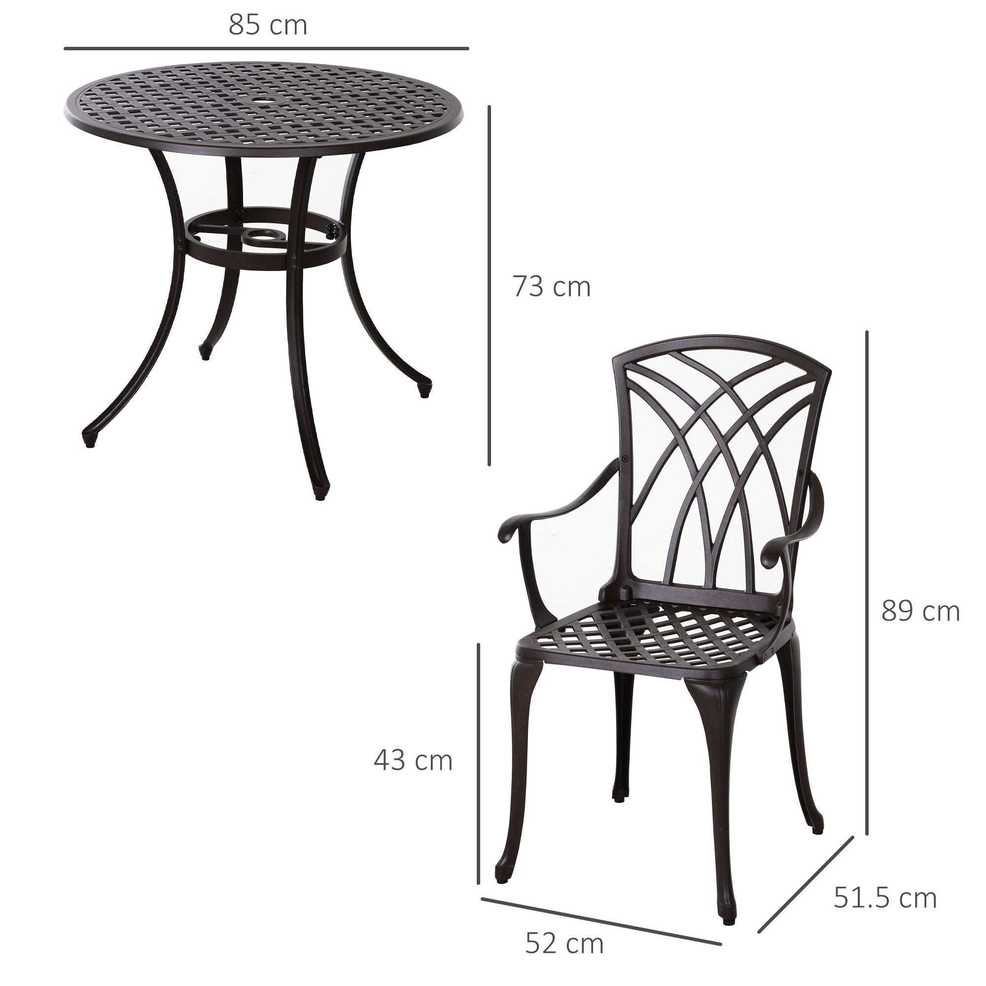 Kozy 5 Pieces Garden Dining Set for 4, Cast Aluminium Outdoor Dining Set with 4 Armchairs and Round Dining Table with Parasol Hole, Garden Furniture Set, Brown
