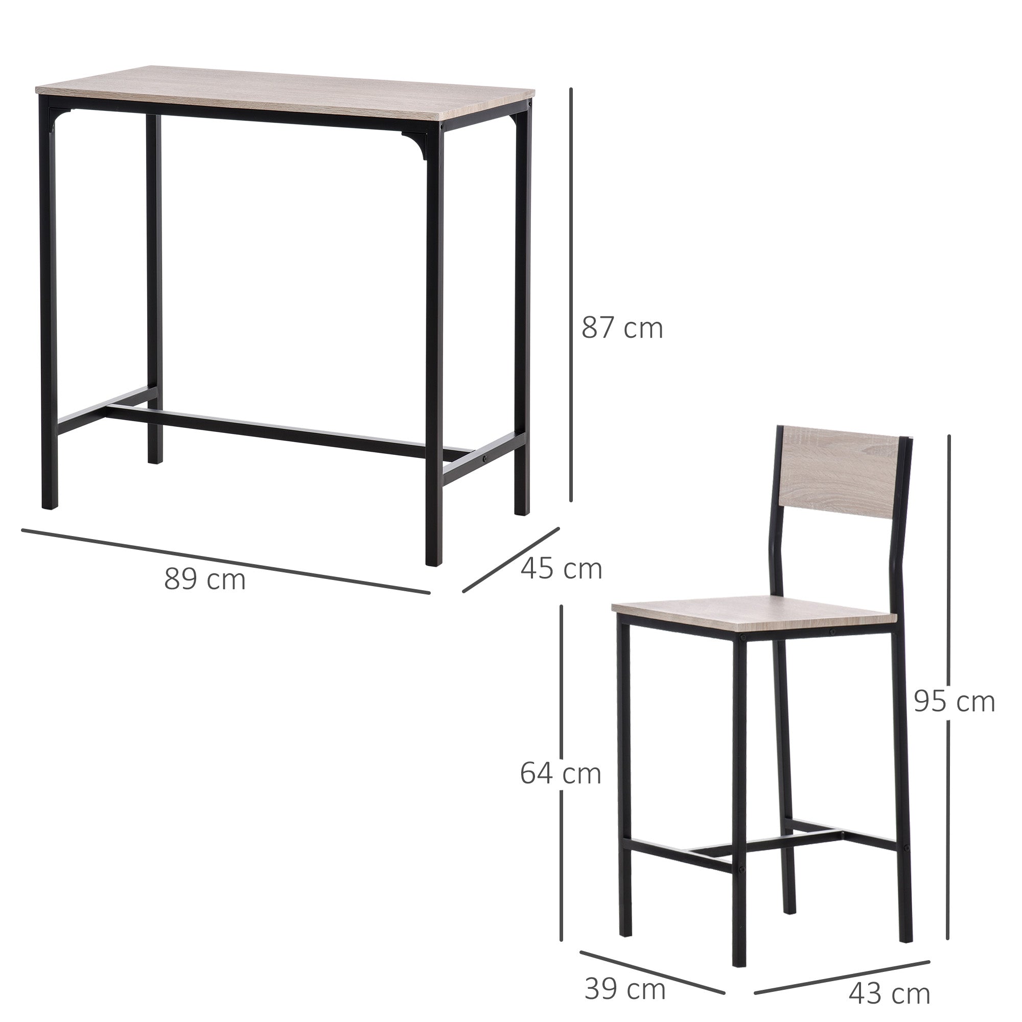 Kozy 3-Piece Bar Table Set with 2 Stools, Industrial Breakfast Bar Set with Footrest, Backrest for Dining Room, Small Space