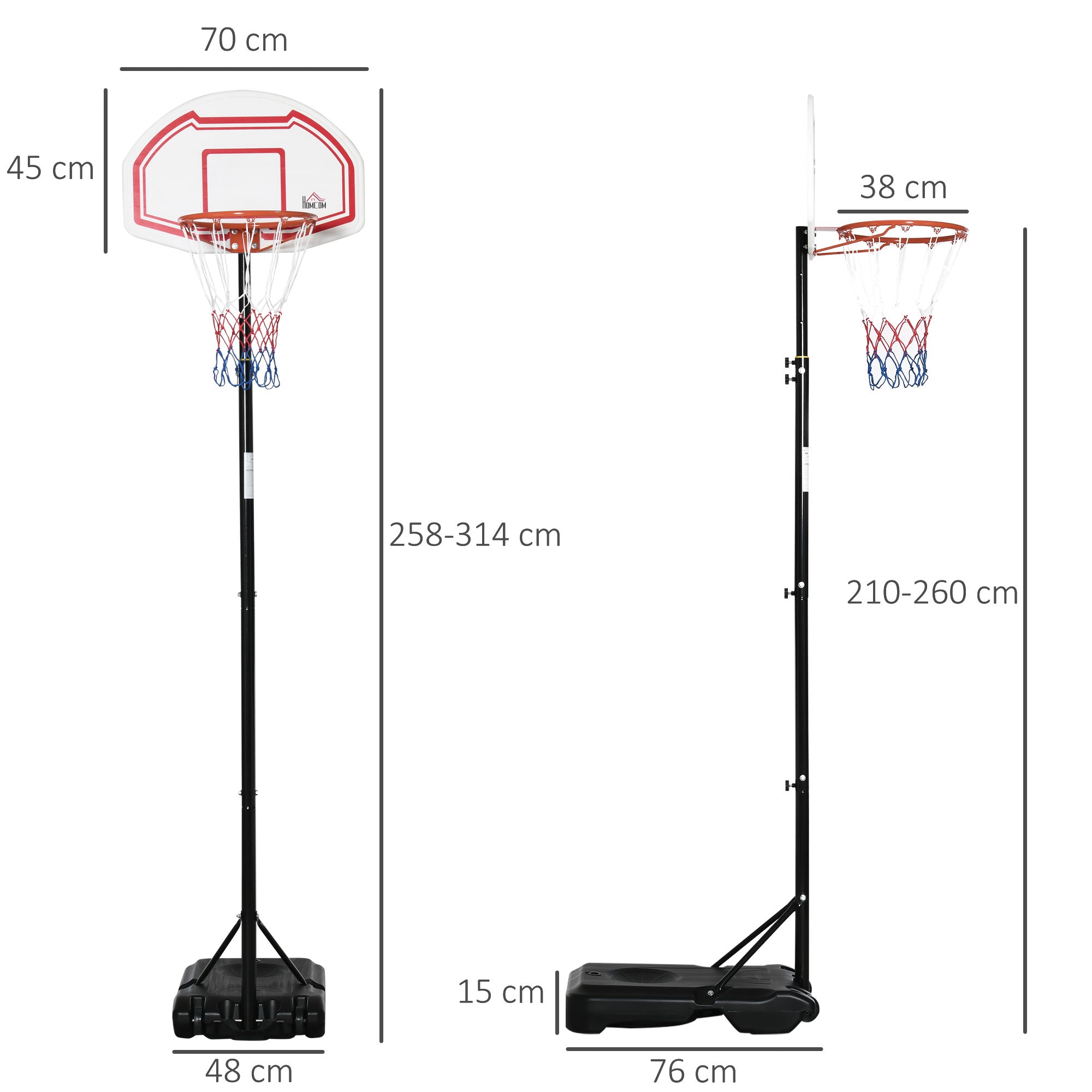 Kozy Basketball Hoop Stand Portable Adjustable Height 2.1-2.6m w/ Wheels, Sturdy Rim Stable Base, Black