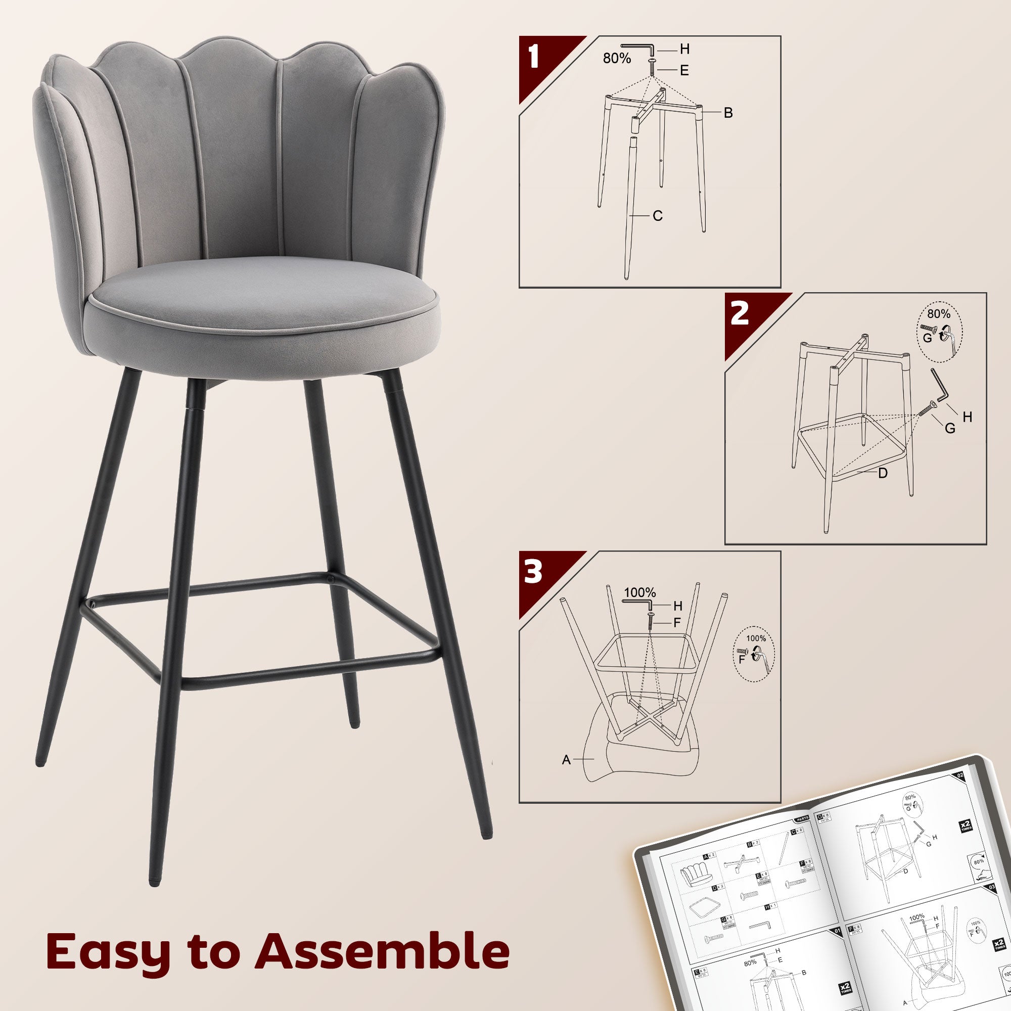 Kozy - Set of Two Velvet-Feel Lotus Bar Stools - Grey