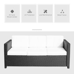 Kozy 3 Seater Rattan Sofa All-Weather Wicker Weave Metal Frame Chair with Fire Resistant Cushion, Black