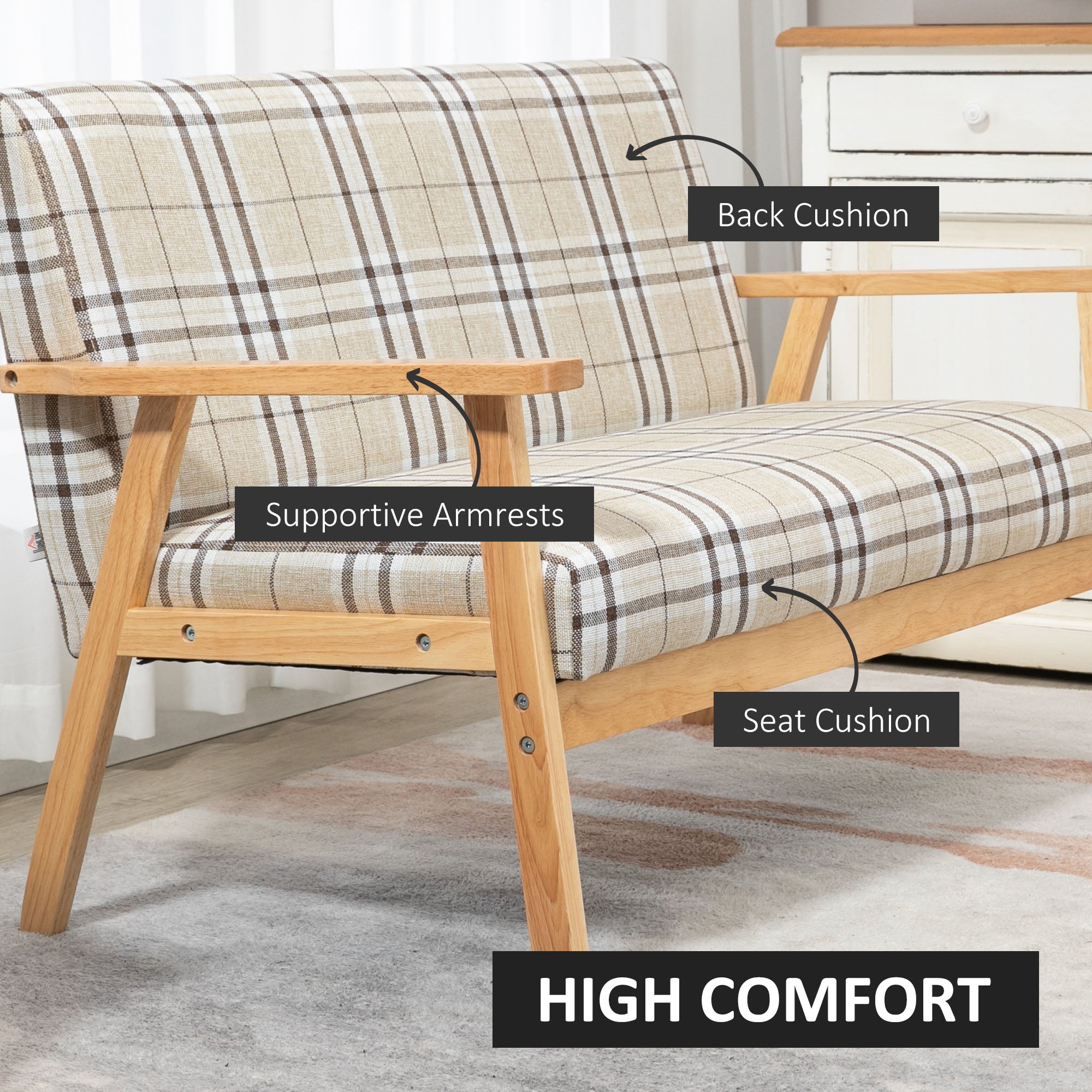HOMCOM Loveseat w/ Checked Pattern, Linen-Feel Fabric Seat & Padded Back, for Bedroom, Living room, Office, Studio and Attic | Aosom UK