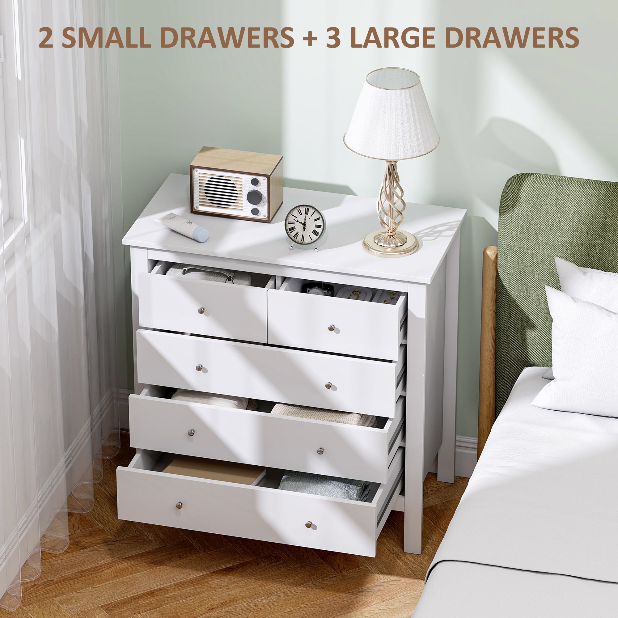 Kozy Modern Chest of Drawers, 5 Drawer Storage Cabinet with Metal Handles and Runners for Bedroom, White