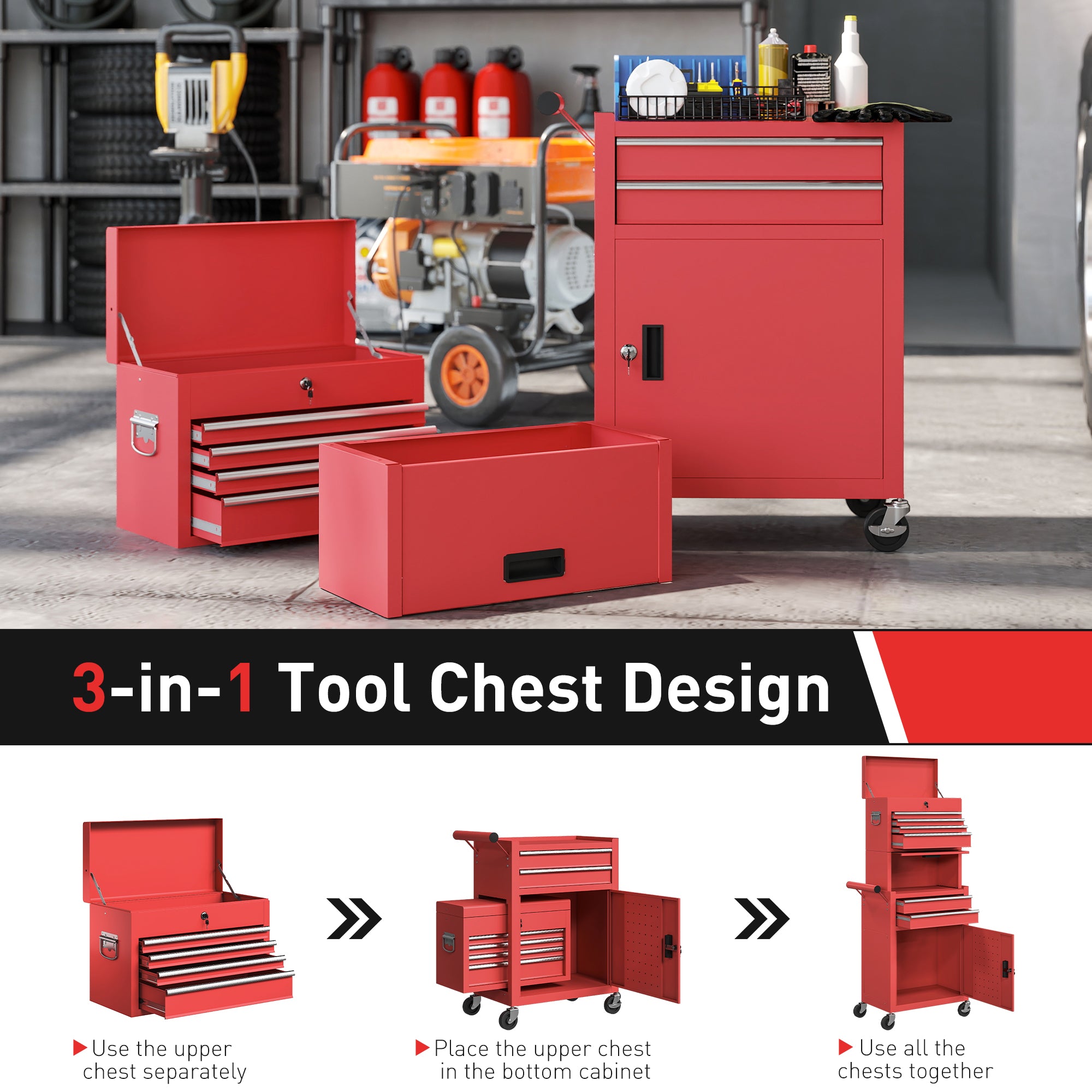 Kozy - Three-Part Steel Locking Tool Chest - Red