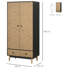 Kozy Modern Wardrobe Cabinet Wood Grain Sticker Surface with Shelf, Hanging Rod and 2 Drawers 90x50x190cm