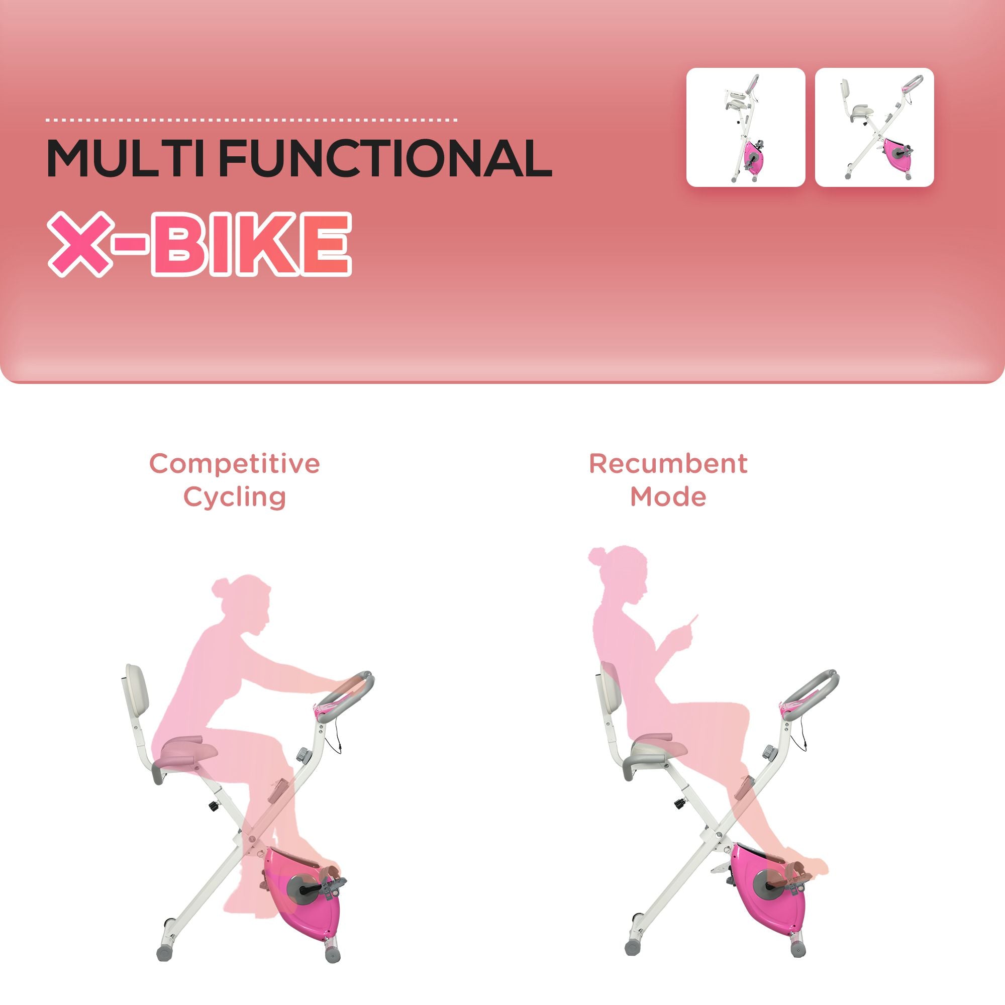 Kozy Folding Exercise Bike, with Adjustable Magnetic Resistance, Seat Height - White and Pink