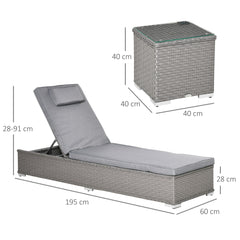 Kozy 3 Pieces Rattan Sun Lounger Set with Aluminium Frame, 5-Position Adjustable Reclining Garden Chairs and Glass Top Table, Wicker Garden Furniture Daybed with Cushions for Patio, Grey