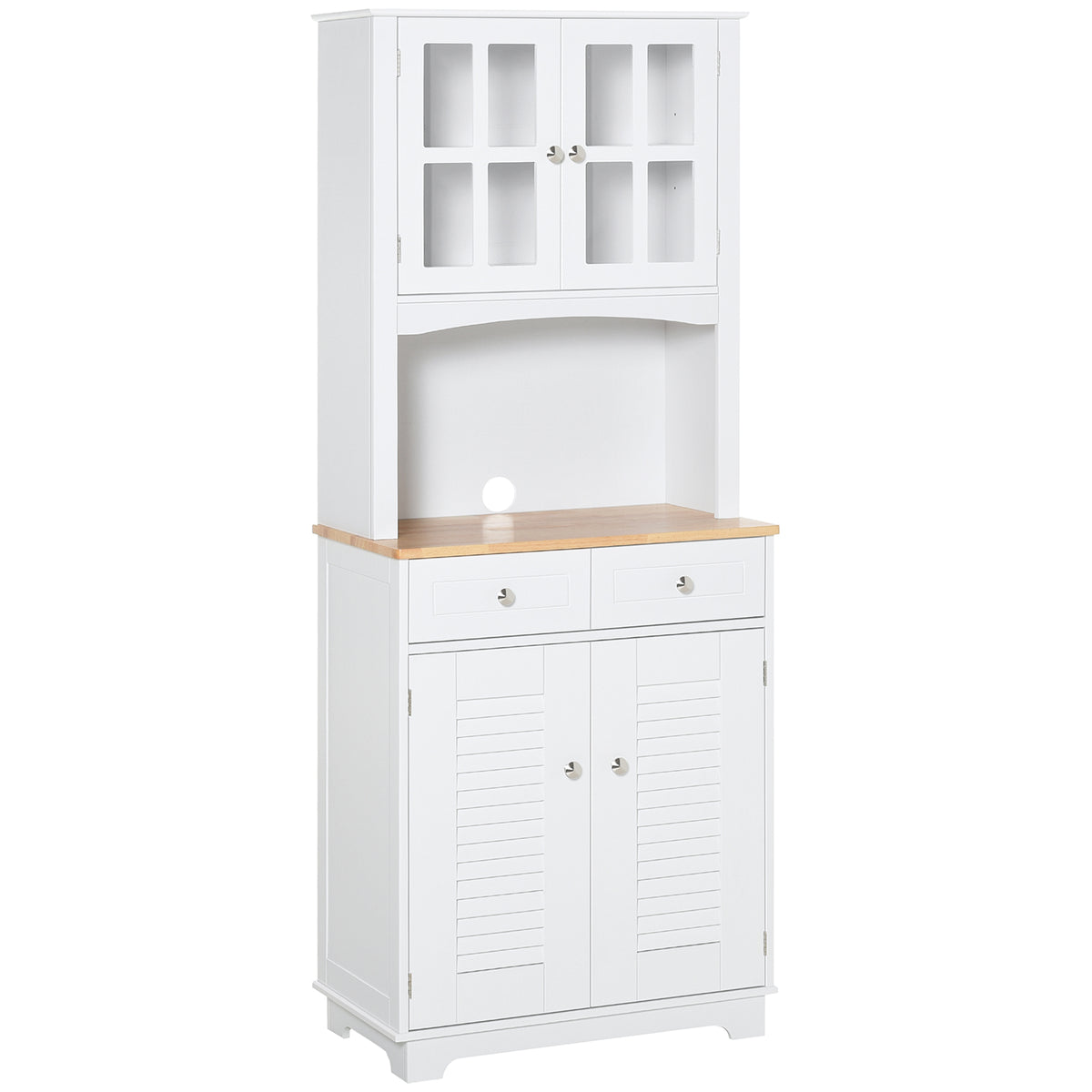Kozy Modern Kitchen Cupboard, Louvered Kitchen Storage Cabinet with Framed Glass Doors and 2 Drawers, White
