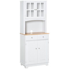 Kozy Modern Kitchen Cupboard, Louvered Kitchen Storage Cabinet with Framed Glass Doors and 2 Drawers, White
