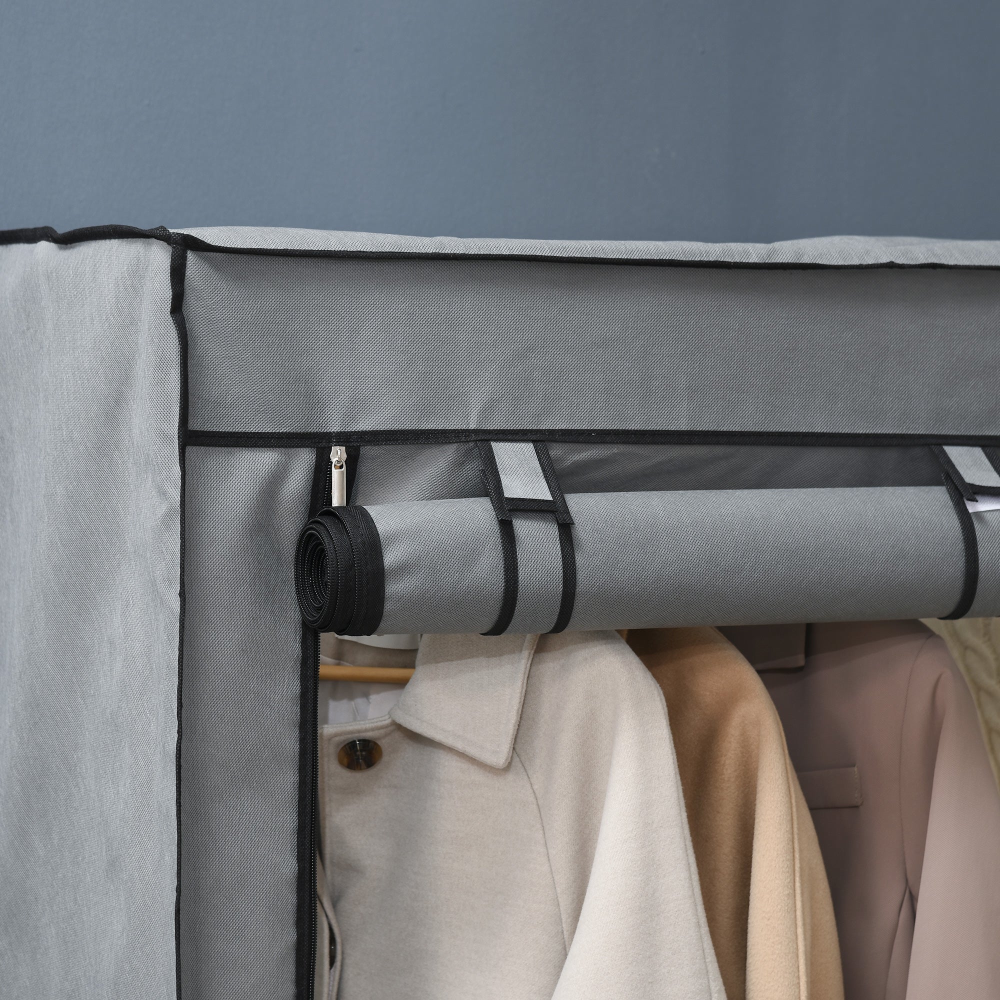 HOMCOM Portable Wardrobe, Fabric Cabinet, Foldable Clothes Organiser with 4 Shelves, 2 Hanging Rails, 118 x 49 x 170 cm, Light Grey. | Aosom UK