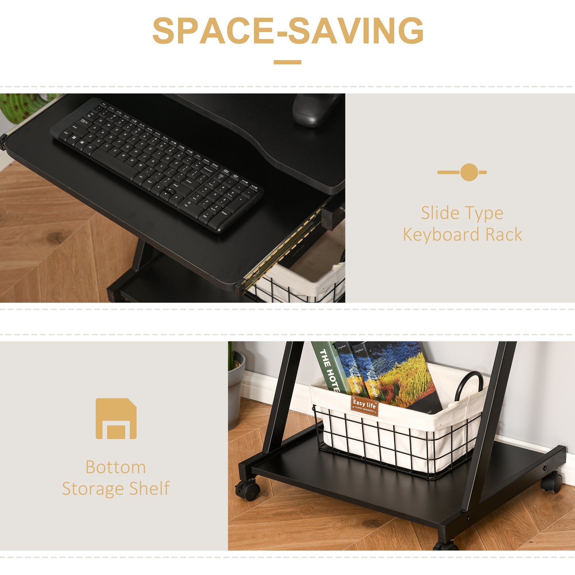 HOMCOM Movable Compact Small Computer Desk with 4 Moving Wheels Sliding Keyboard Tray Home Office Gaming Study Workstation Black | Aosom UK