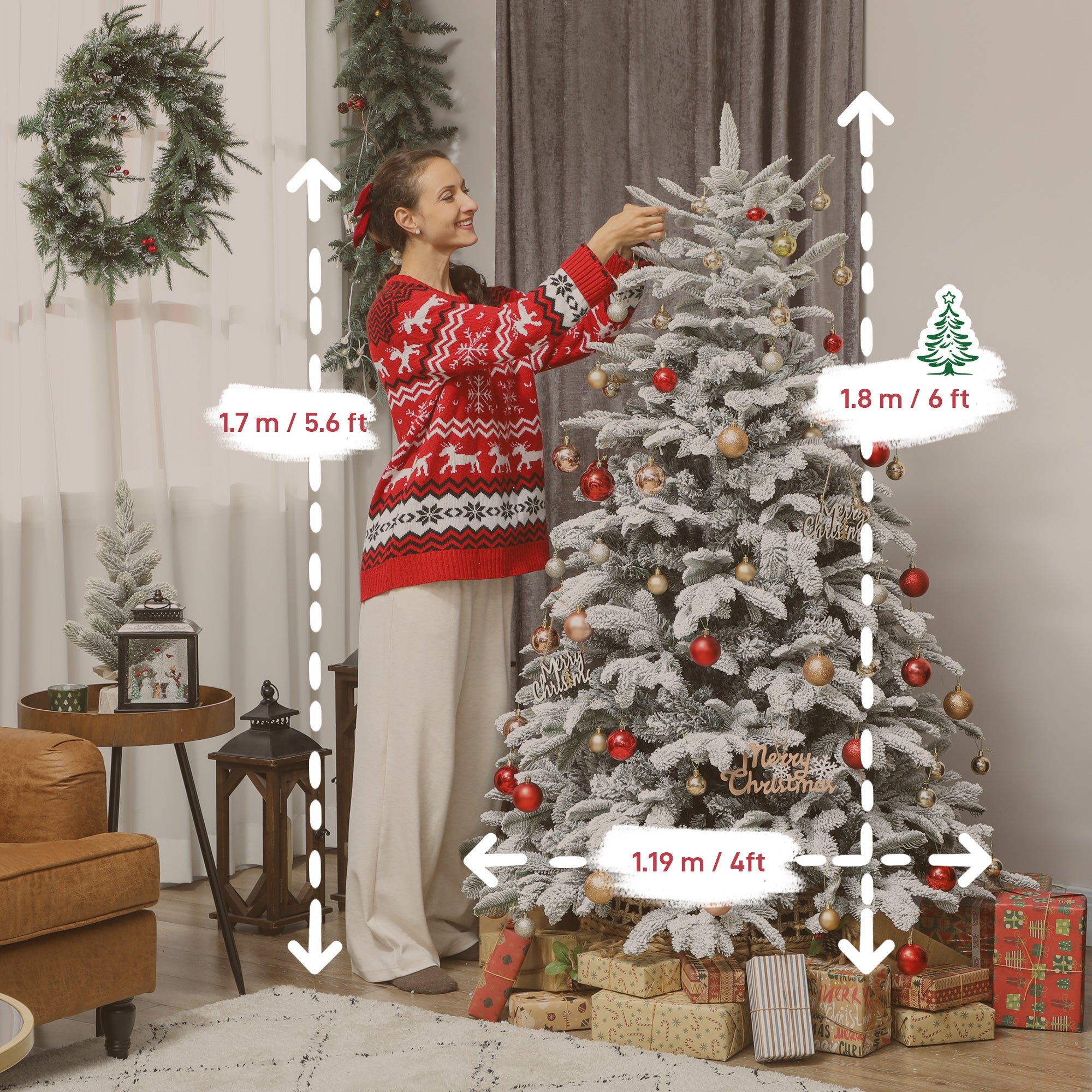 Kozy - 6 ft Artificial Flocked Christmas Tree with 1182 Branches, Hinged Xmas Tree with Foldable Metal Stand, Easy Assembly for Home Office Decor