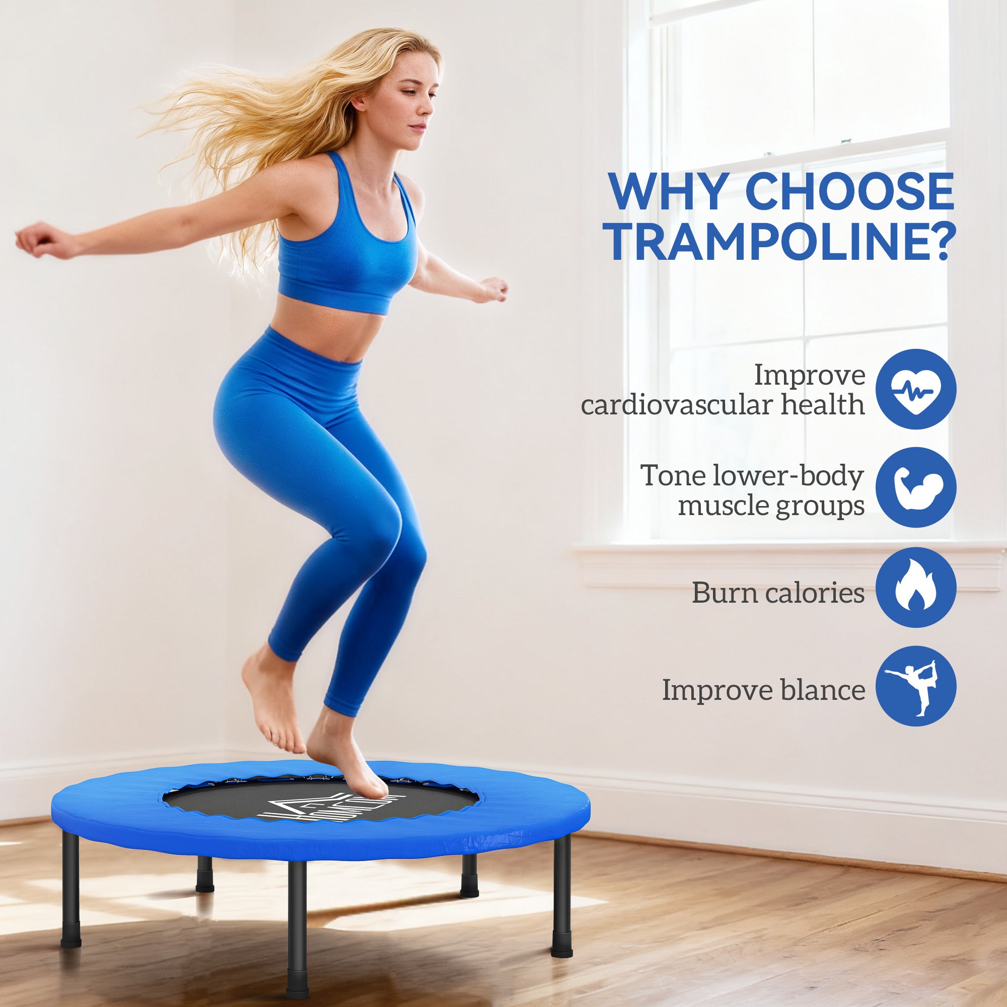 Kozy 32" Mini Fitness Trampoline Home Gym Yoga Exercise Rebounder Indoor Outdoor Jumper with Safety Pad, Support Up to 100 KG, Blue and Black