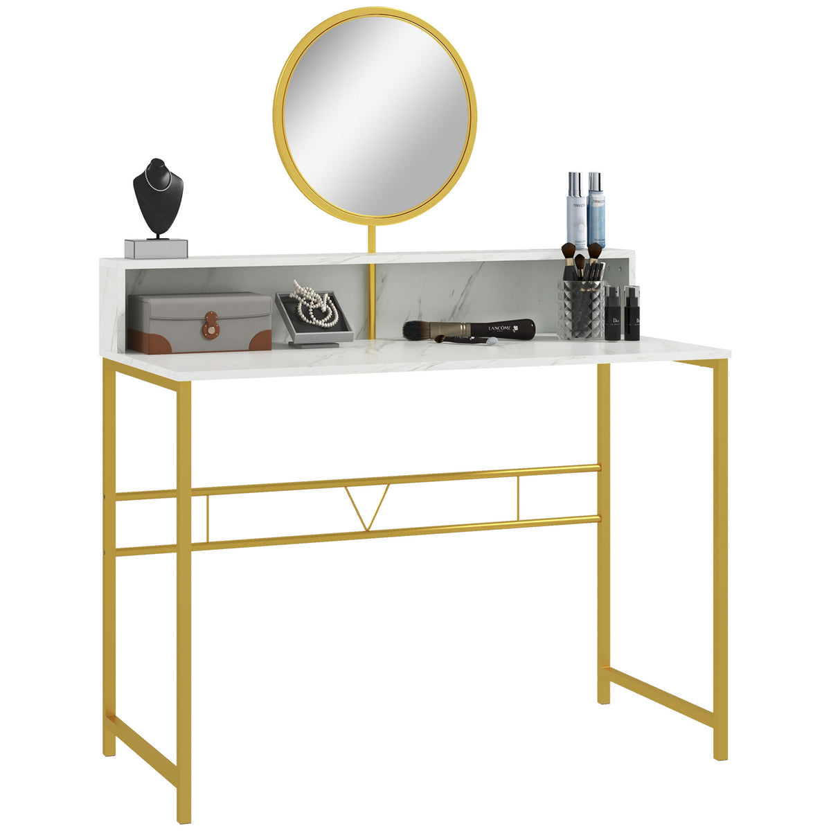 Kozy Modern Dressing Table with Round Mirror, Vanity Makeup Desk with Open Storage, Faux Marble Texture and Steel Frame for Bedroom, White