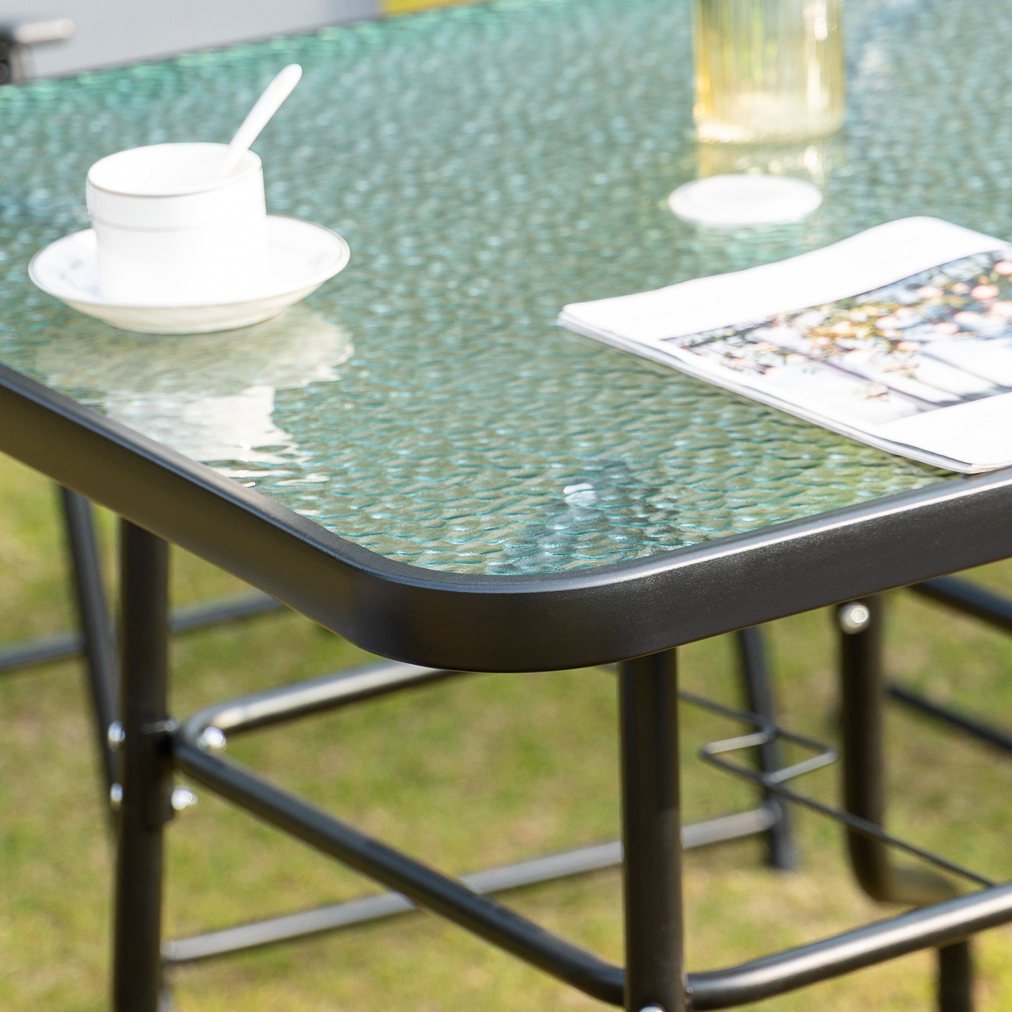 Kozy 5 Piece Garden Dining Set Outdoor Dining Furniture 4 Folding Chairs, Glass Top Table with Parasol Hole, Texteline Seats, Black