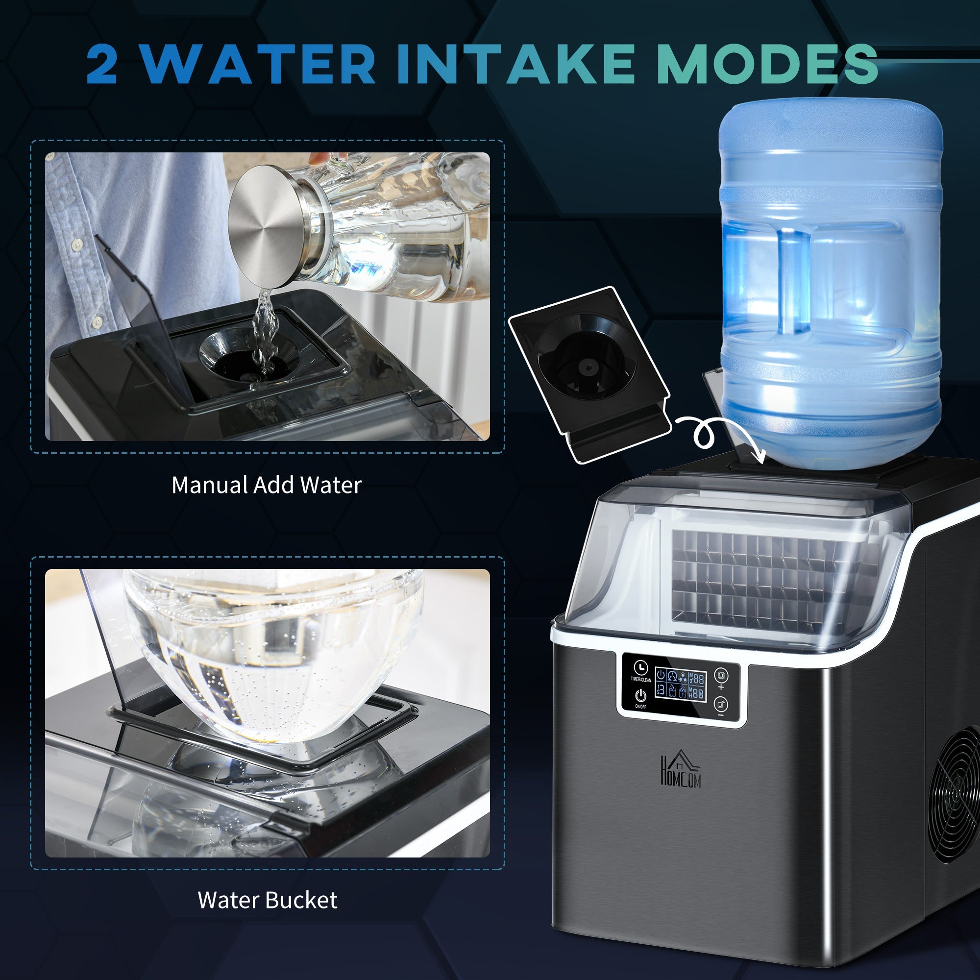 HOMCOM Ice Maker Machine Countertop, 20Kg in 24 Hrs, 24 Cubes Ready in 14-18Mins, Stainless Steel Ice Cube Maker, 3.2L w/ Adjustable | Aosom UK