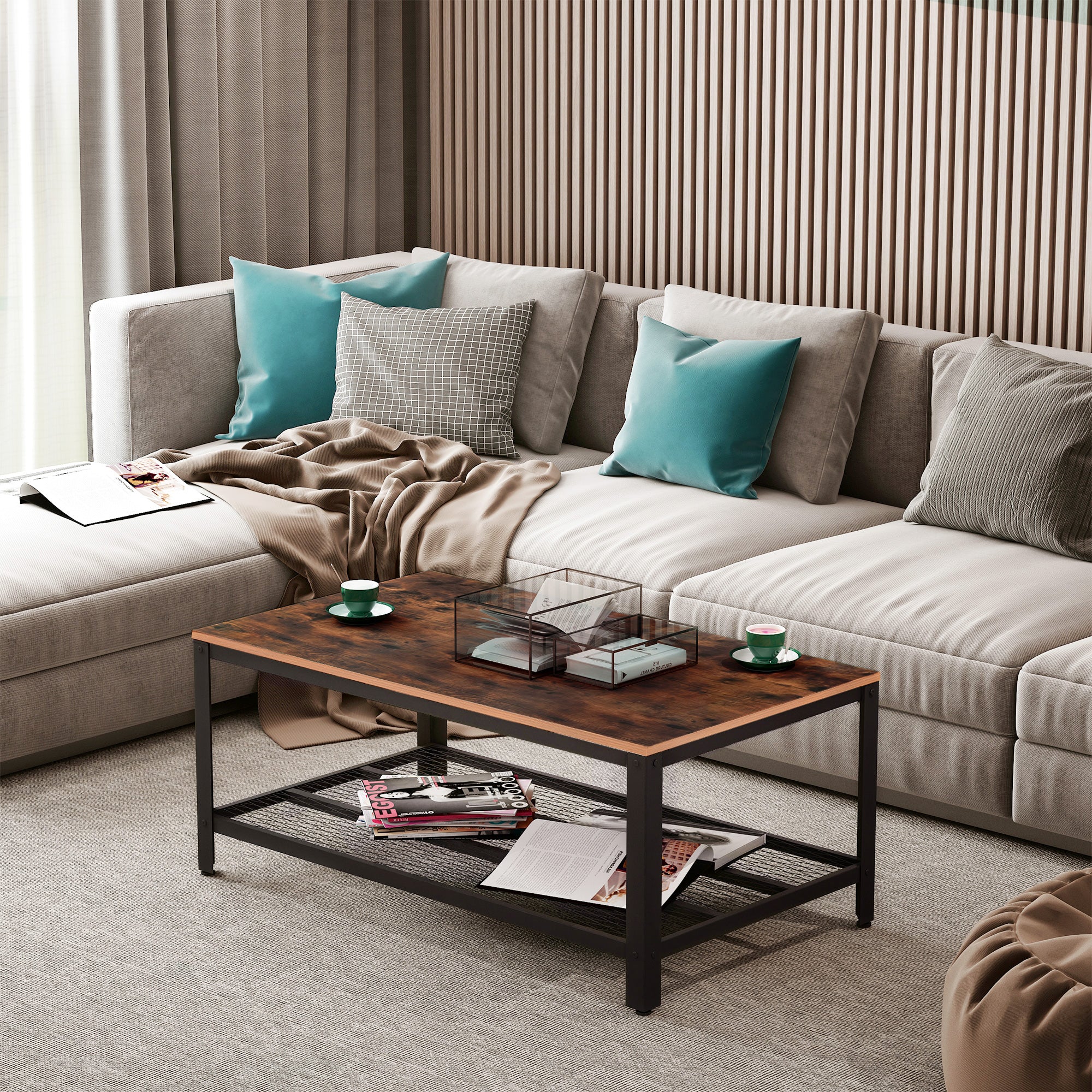 Kozy Coffee Table Industrial Side Table Living Room Table with Storage Shelf and Metal Frame for Home Office, 106L x 60W x 45Hcm