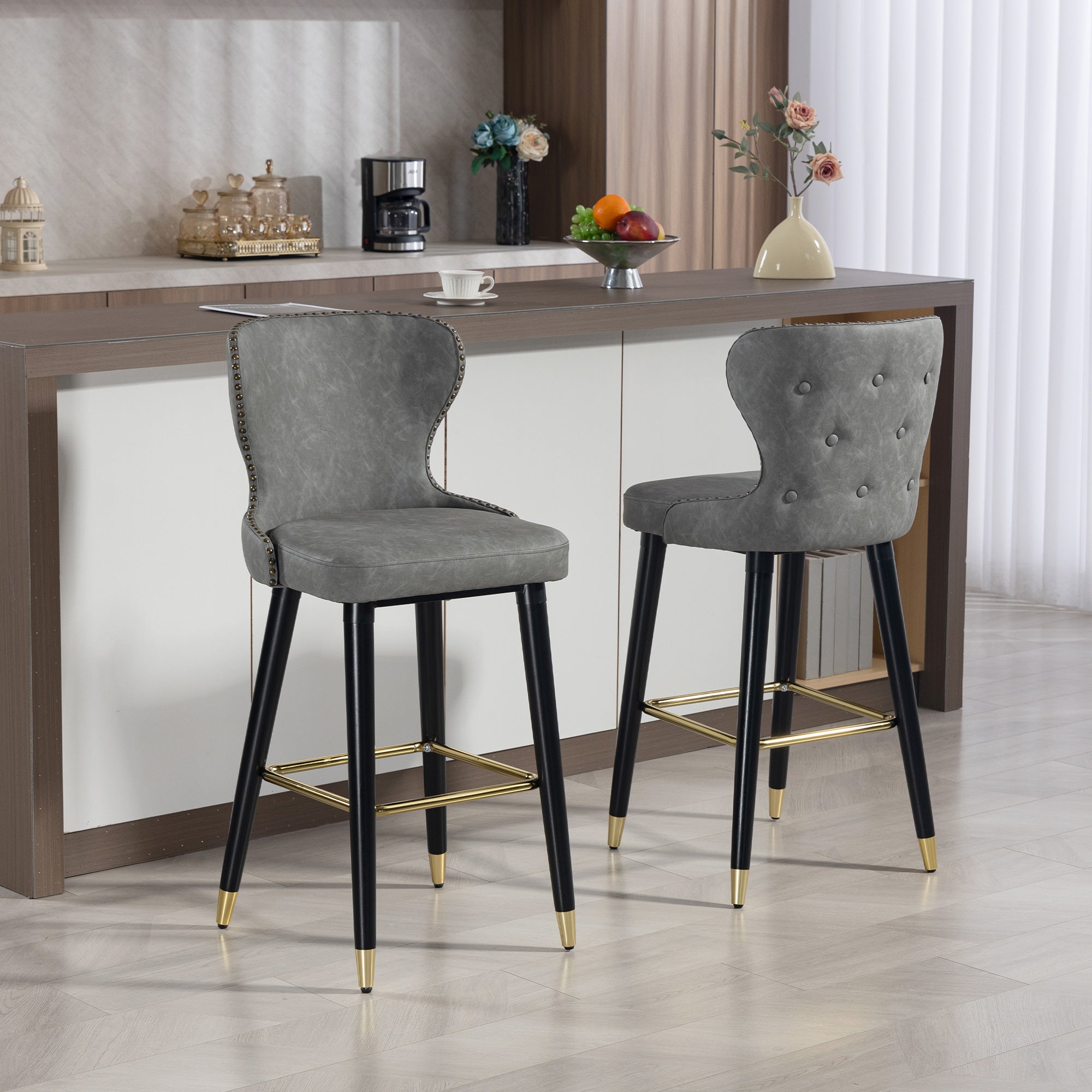 Kozy Bar Stools Set of 2, PU Leather Barstools with Back, Footrest and Wood Legs for Kitchen, Counter, Breakfast Bar, Grey
