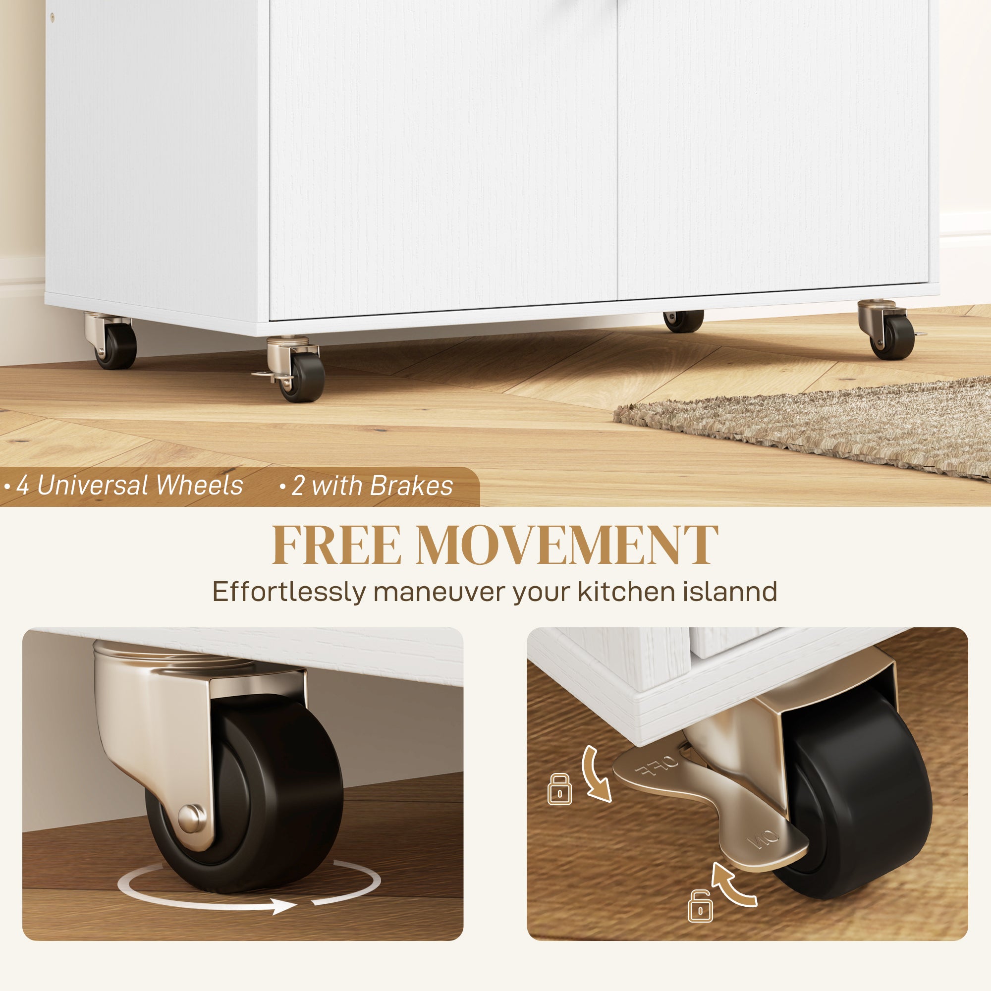 Kozy - Rolling Kitchen Island with Drop Leaf, Kitchen Storage Cart with Drawer, Spice Rack and Towel Rack, White