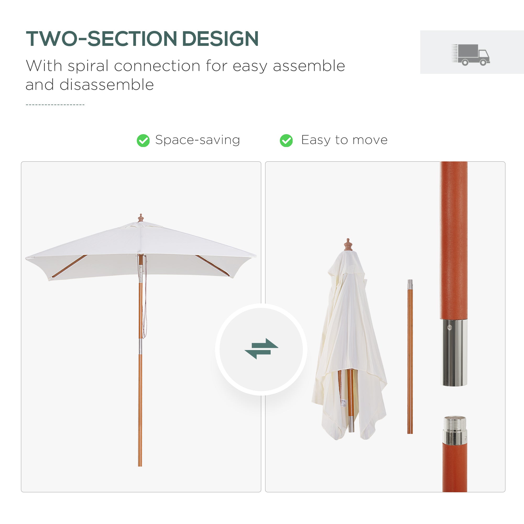 Kozy 2m x 1.5m Garden Parasol Umbrella with Tilting Sunshade Canopy, Outdoor Market Table Umbrella with Wood and Bamboo Frame, Cream White