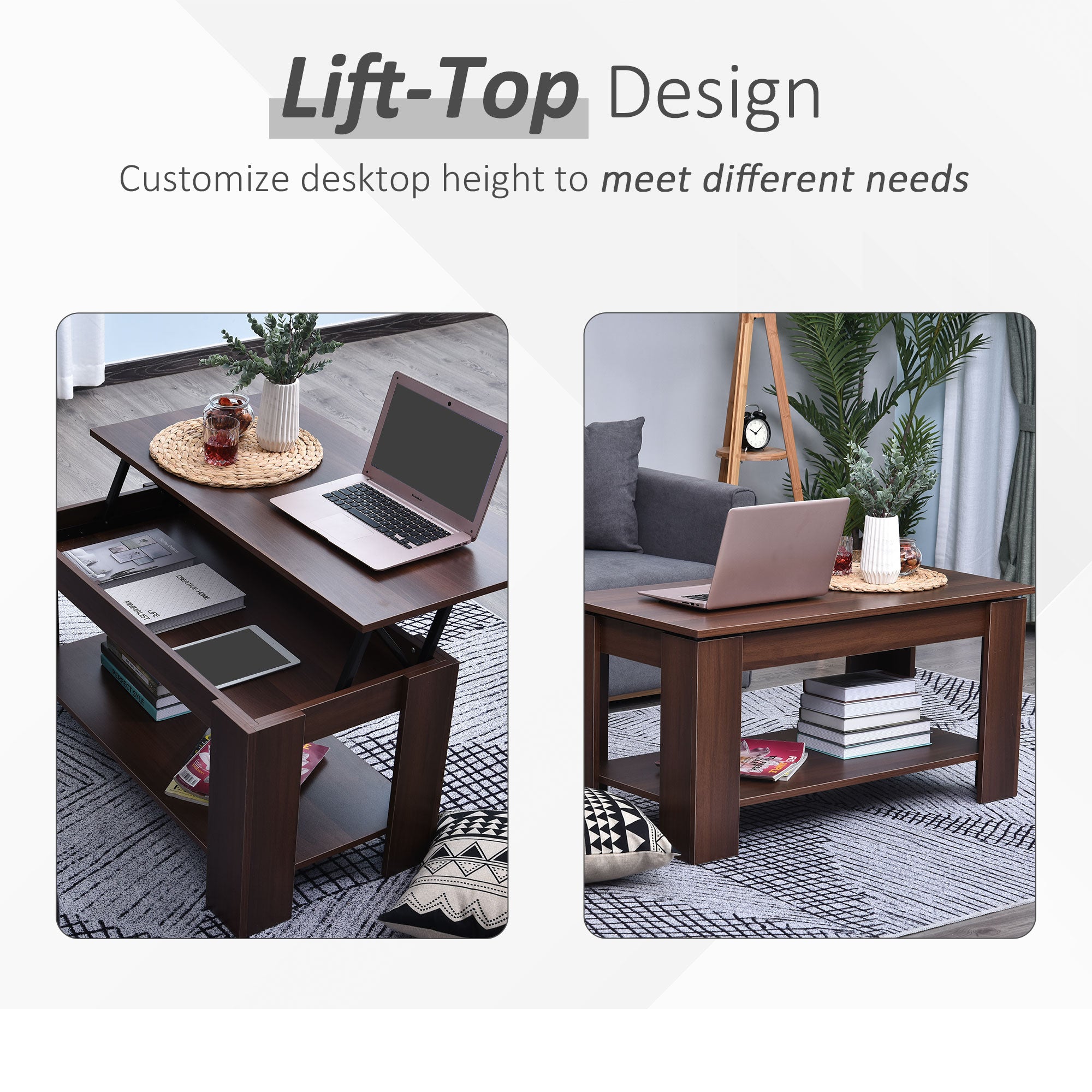 HOMCOM Modern Lift Up Top Coffee Table Desk Hidden Storage Bottom Shelf  100W x 50D x 63H cm