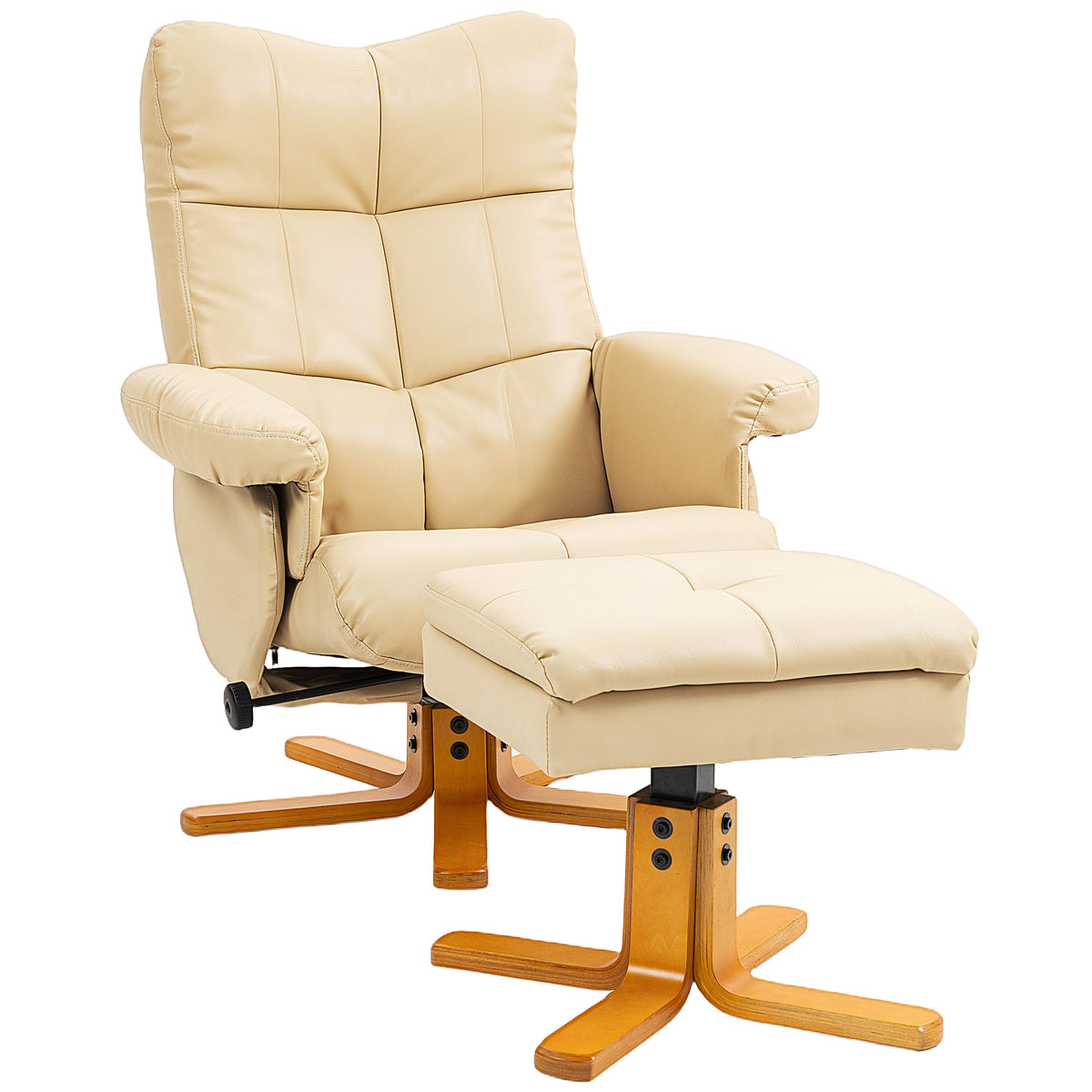 Kozy PU Leather Swivel Recliner Chair with Footstool, Wooden Base and Storage for Living Room, Beige