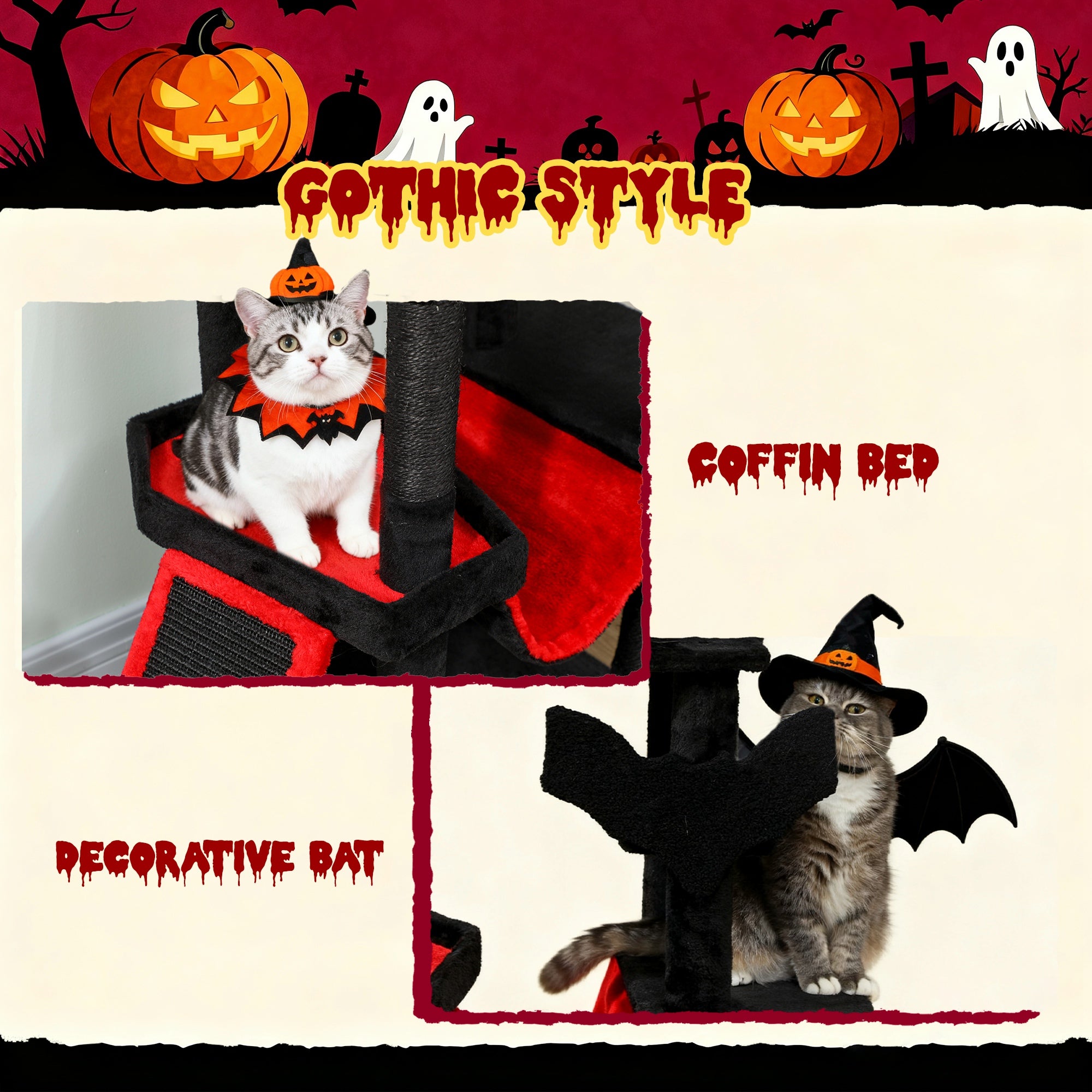 Kozy - Gothic Cat Tree, 152 cm Multi-Level Cat Tower for Large Cats with Coffin Bed, Large Condo, for Halloween