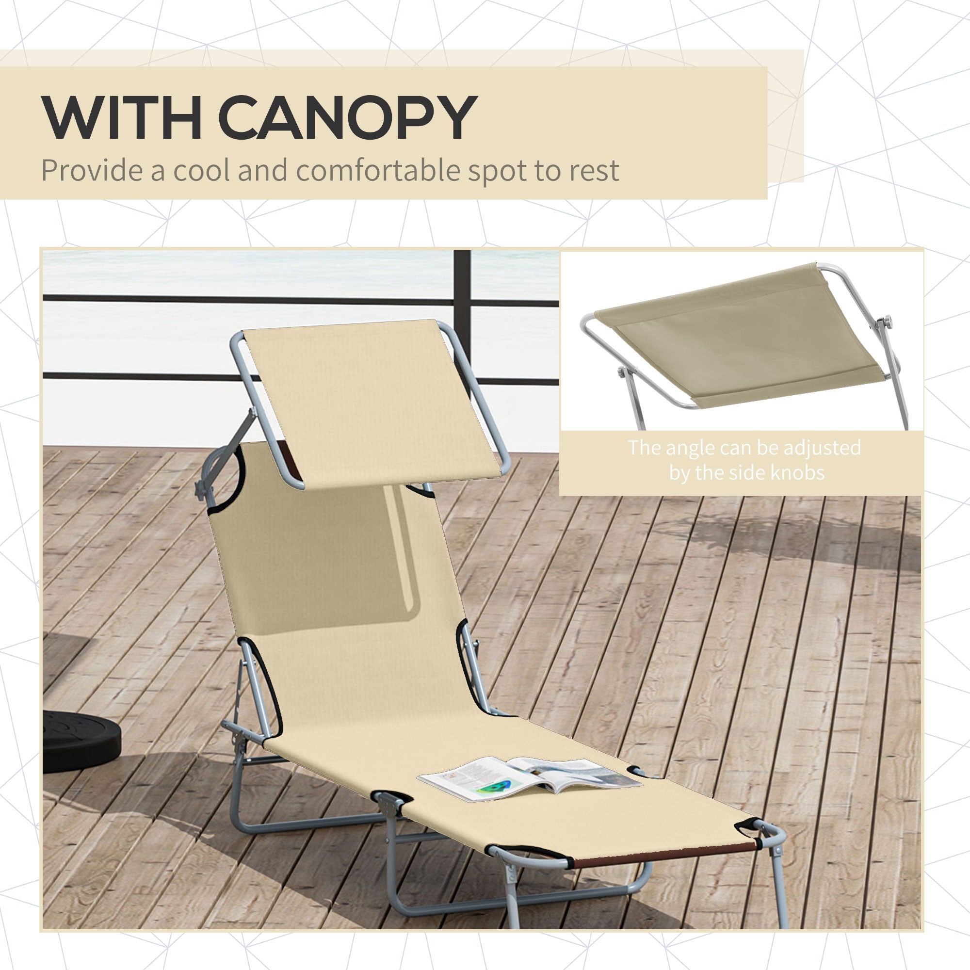 Kozy Outdoor Foldable Sun Lounger, 4 Level Adjustable Backrest Reclining Sun Lounger Chair with Angle Adjust Sun Shade Awning for Beach, Garden, Patio, Beige