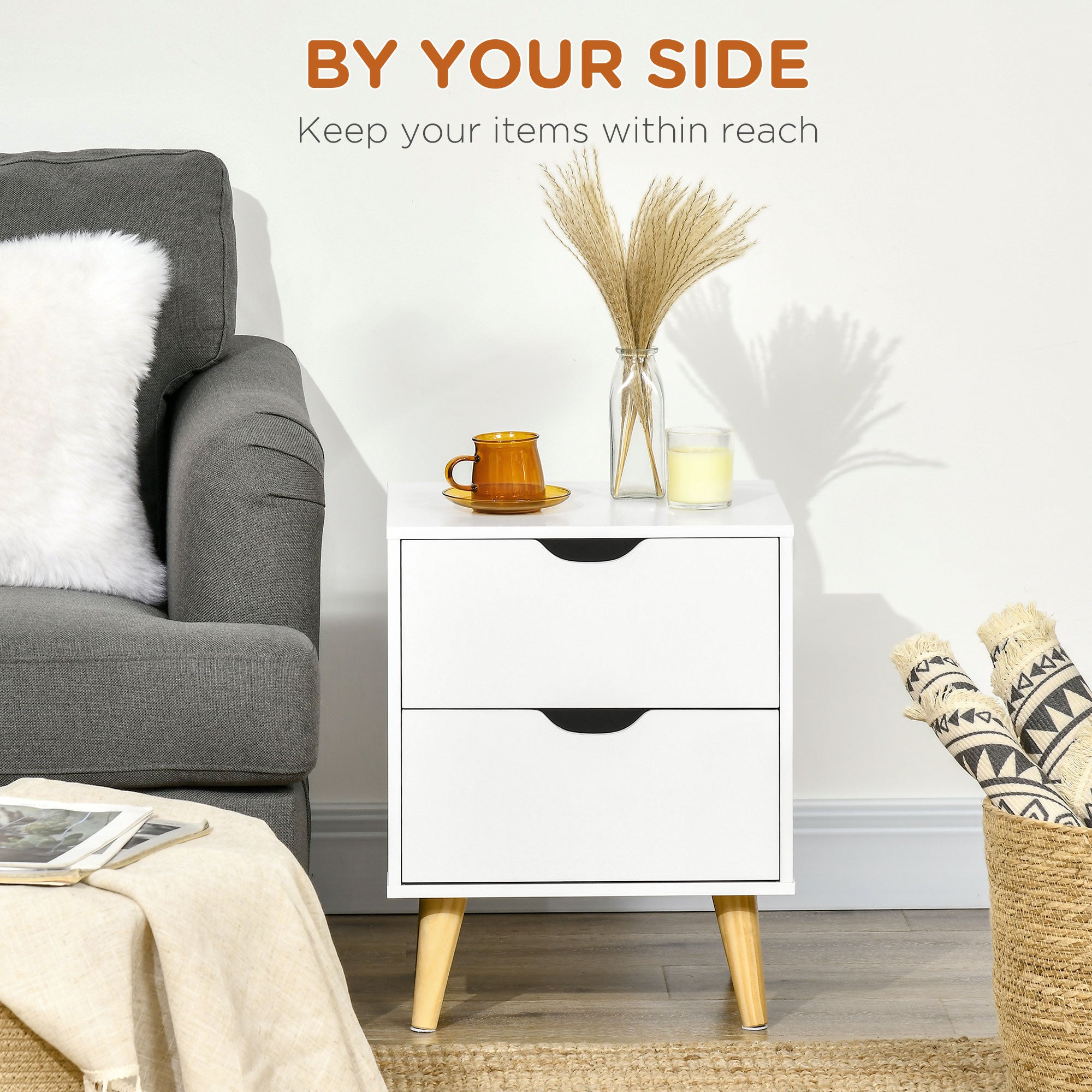 Kozy Bedside Table, Bedside Cabinet with 2 Drawers, Side End Table with Pine Wood Legs for Bedroom Living Room, White