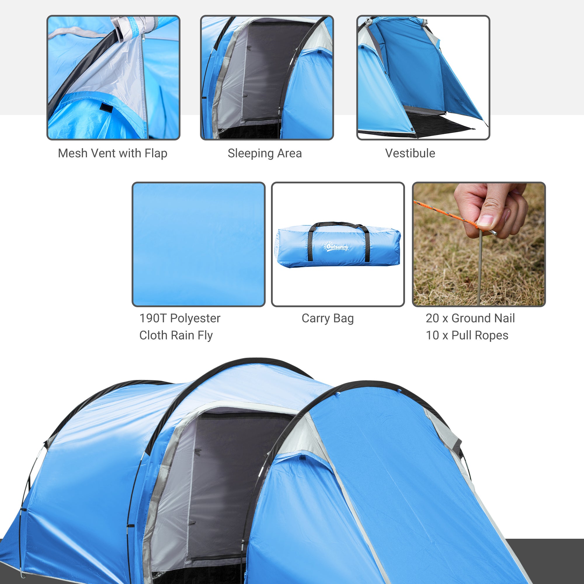 Kozy 2-3 Man Tunnel Tent with Vestibule, Weather-Resistant Camping Tent with Air Vents for Fishing Hiking, Light Blue & Grey