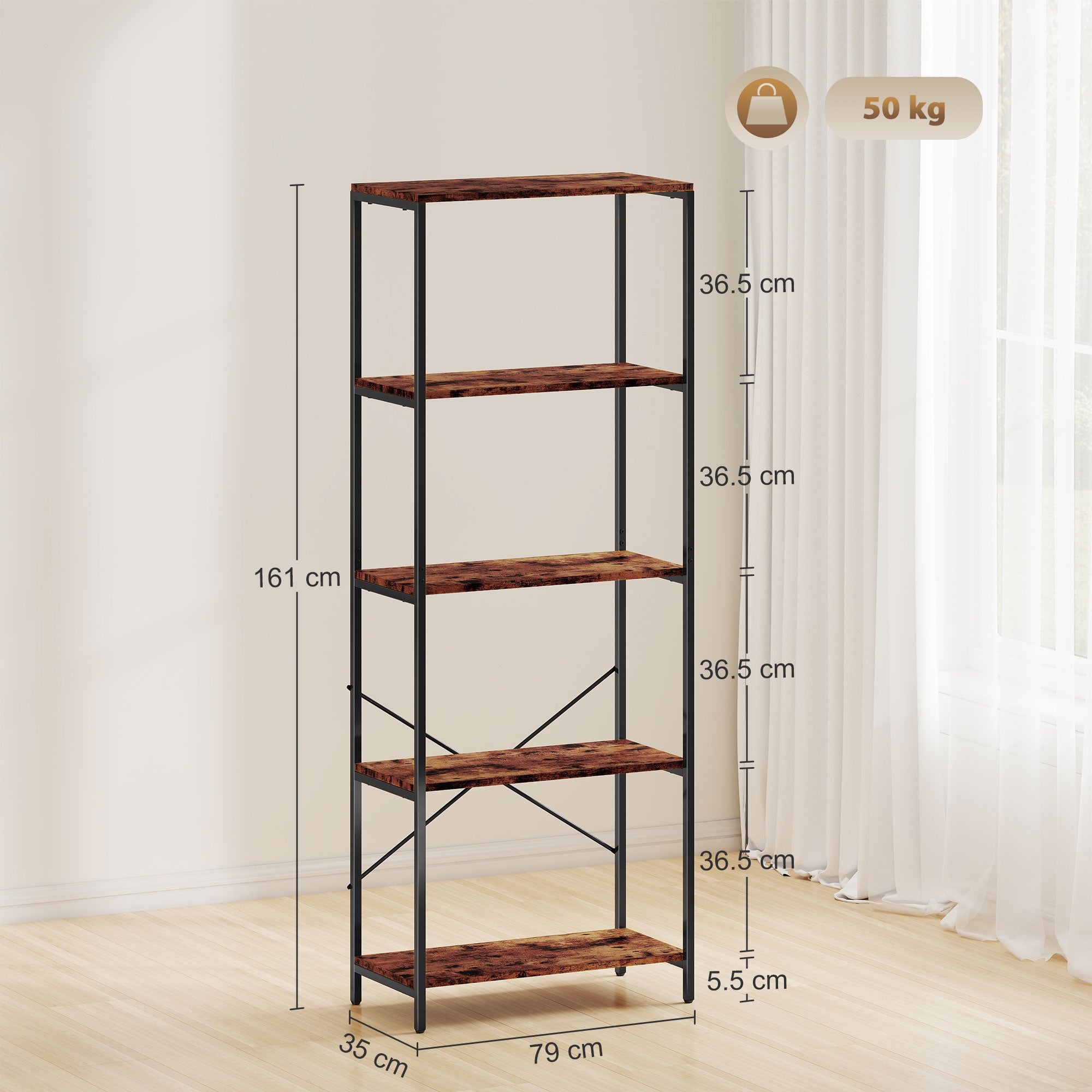 Kozy 5-Tier Bookshelf, Industrial Bookcase with Metal Frame - Rustic Brown and Black