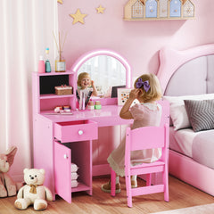 Kozy Kids Vanity Table and Chair Set, Girls Dressing Table with 2-Colour LED Mirror, Stool, Cabinet, Drawer, Shelves, Pink