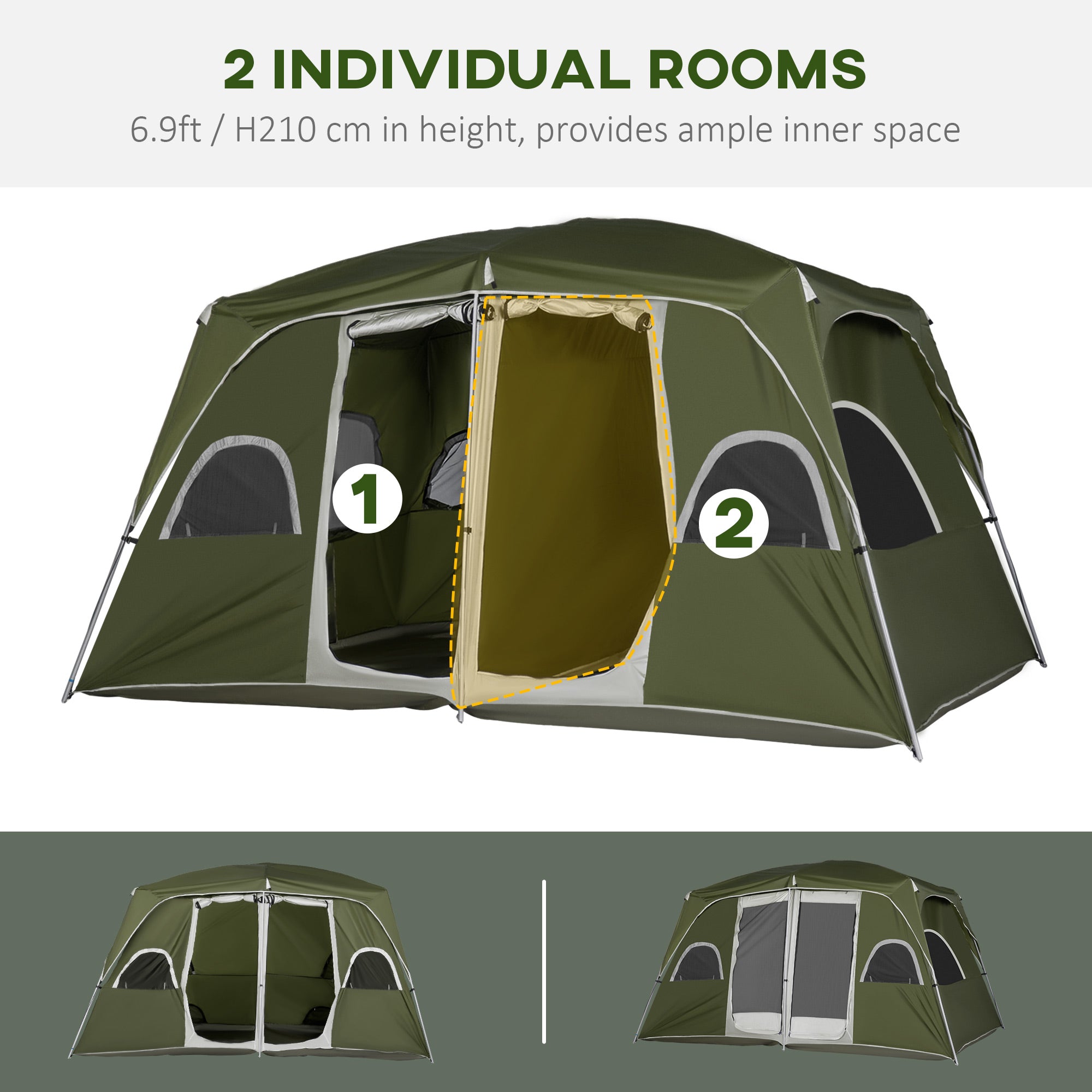 Kozy Camping Tent, Family Tent 4-8 Person 2 Room, with Large Mesh Windows, Easy Set Up for Backpacking Hiking Outdoor, Green