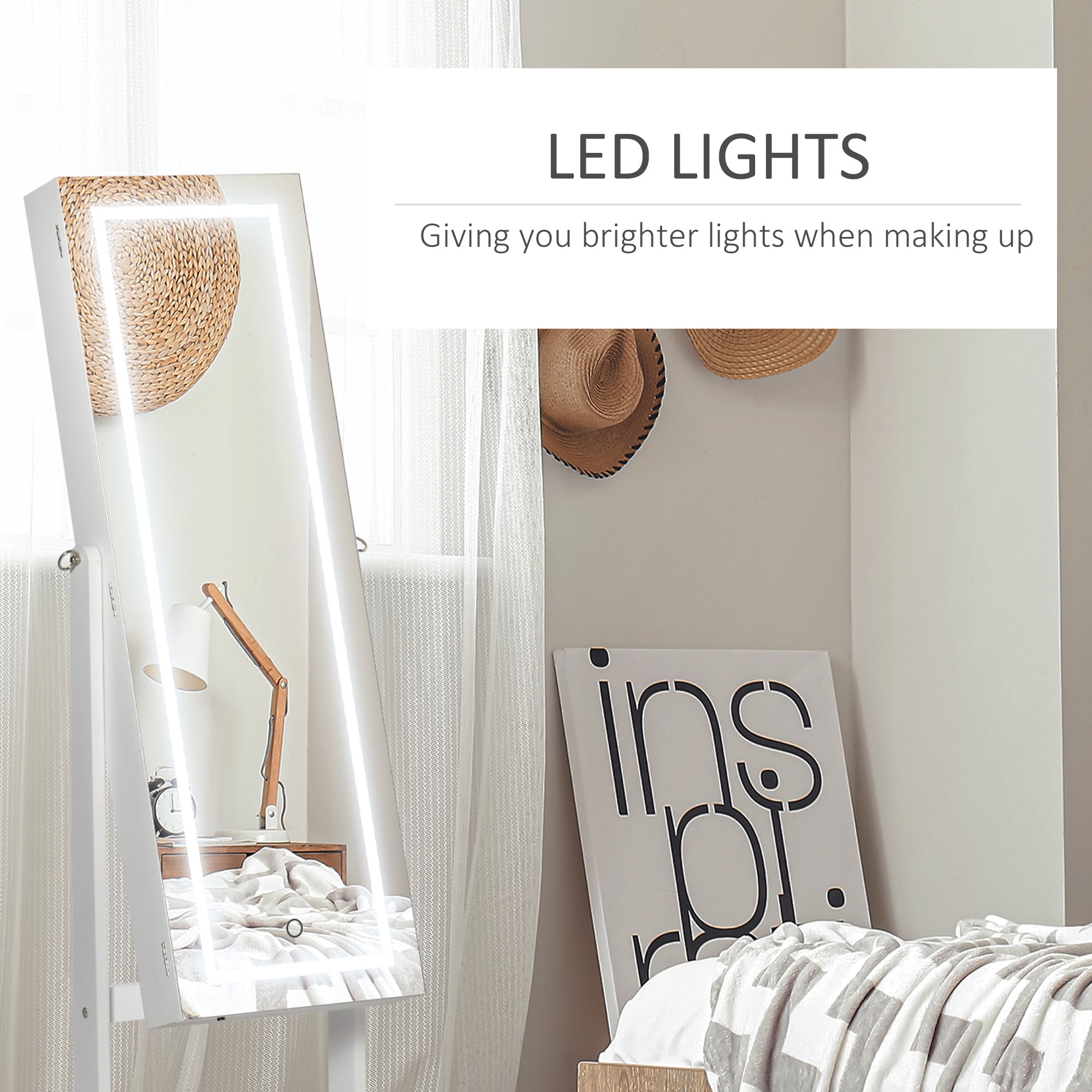 Kozy Jewellery Cabinet with LED Light, Lockable Jewellery Organiser with Full-Length Mirror for Bedroom Dressing Room, White