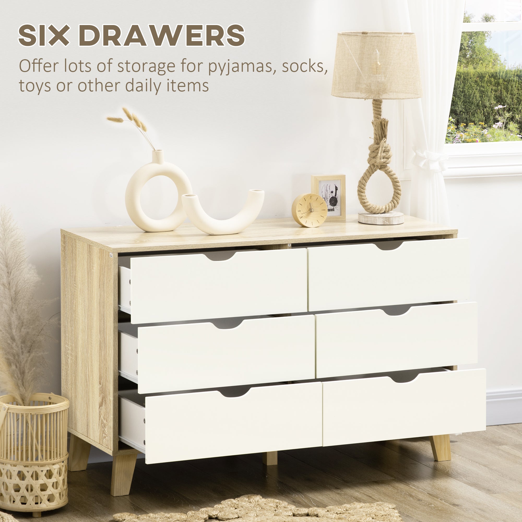 Kozy Bedroom Chest of Drawers, Wide 6-Drawer Dresser, Storage Drawer Unit with Wood Legs for Living Room, White and Light Brown
