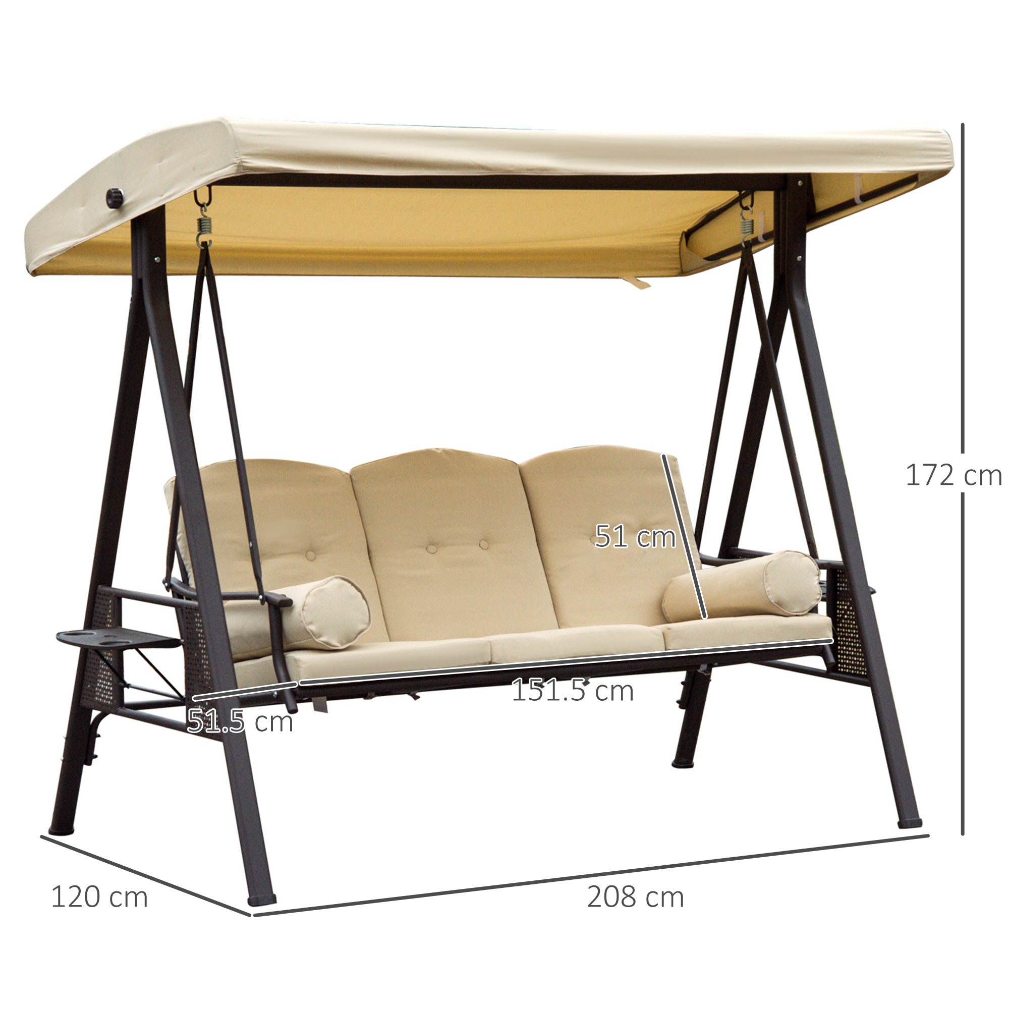 Outsunny Steel Swing Chair Hammock Garden 3 Seater Canopy Cushion Shelter Outdoor Bench Beige