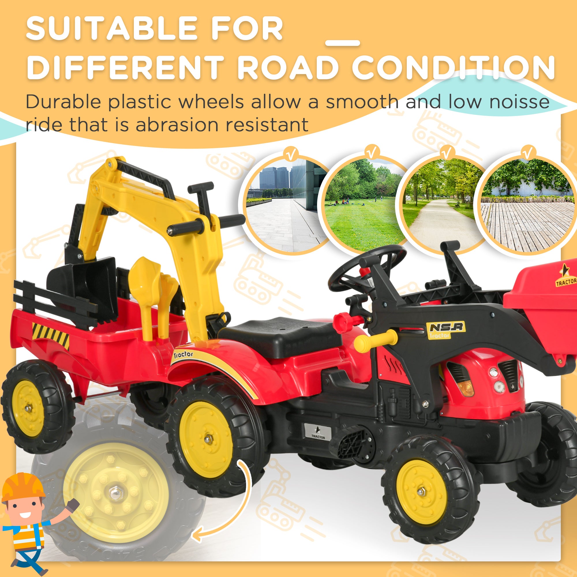 HOMCOM Kids Controllable Excavator Plastic Ride On Pedal Truck Red/Yellow