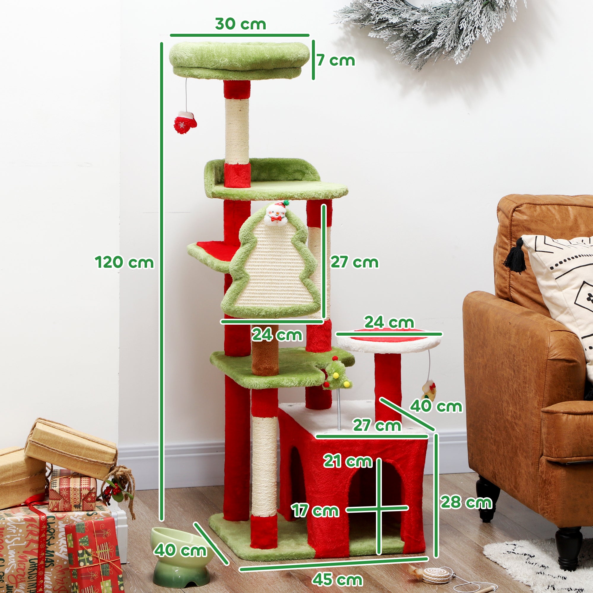 Kozy Cat Tree, 120cm Christmas Cat Tower with 3 Scratching Posts, Scratching Board, 2 Perches, Platforms, Toys, Green