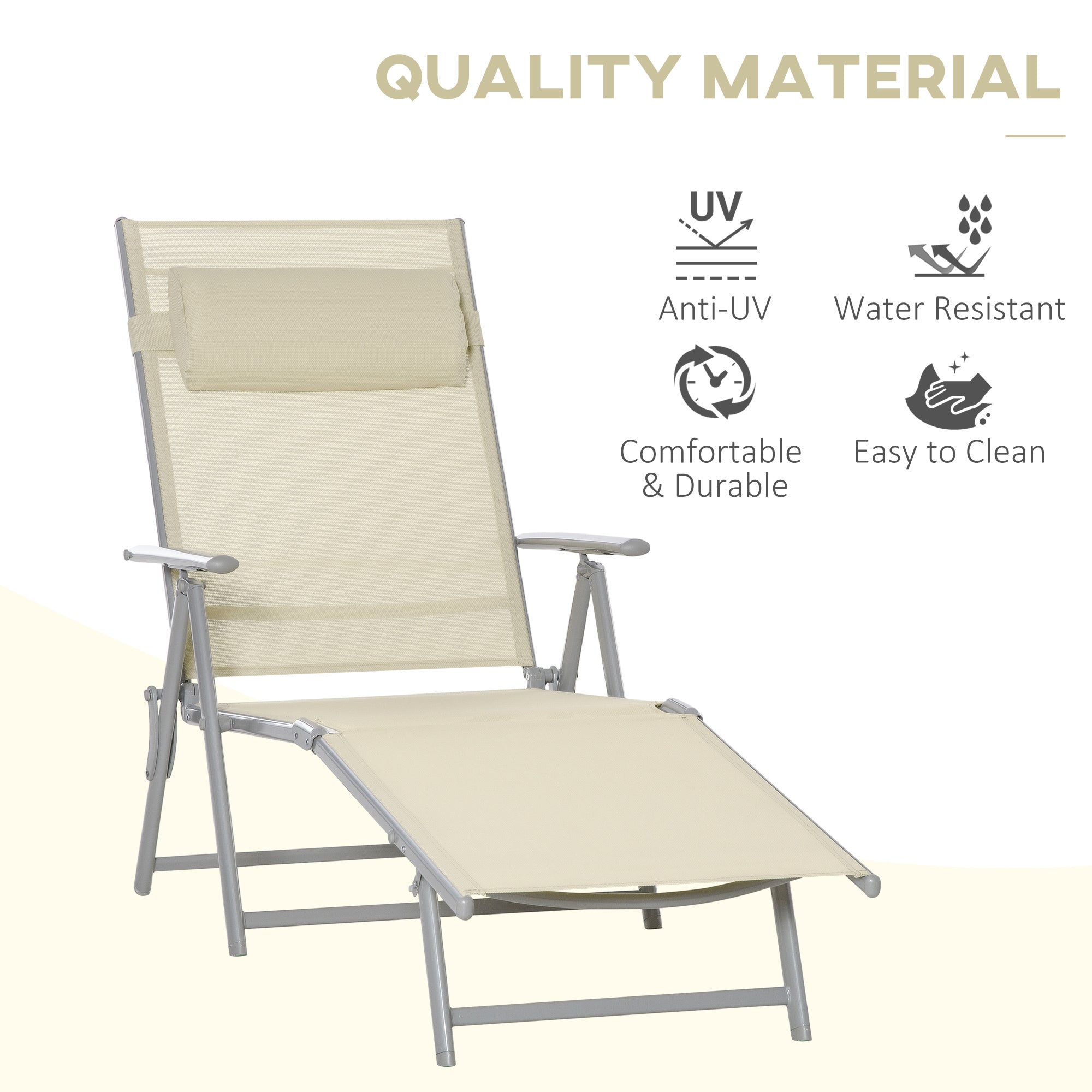 Kozy Steel Fabric Sun Lounger Outdoor Folding Chaise Lounge Chair Recliner with Portable Design & 7 Adjustable Backrest Positions - Beige