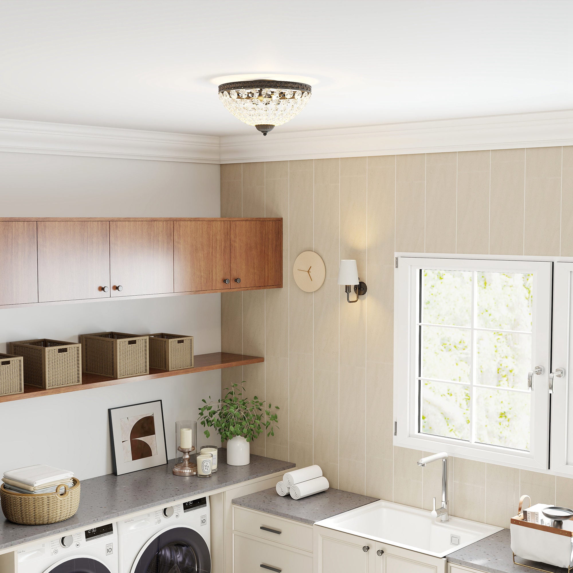 Kozy Crystal Chandelier Ceiling Light with 168 Octagonal Beads, Vintage 2-Light Flush Mount Ceiling Light for Living Room, Bedroom, Hallway, Dining Room, Gold Tone