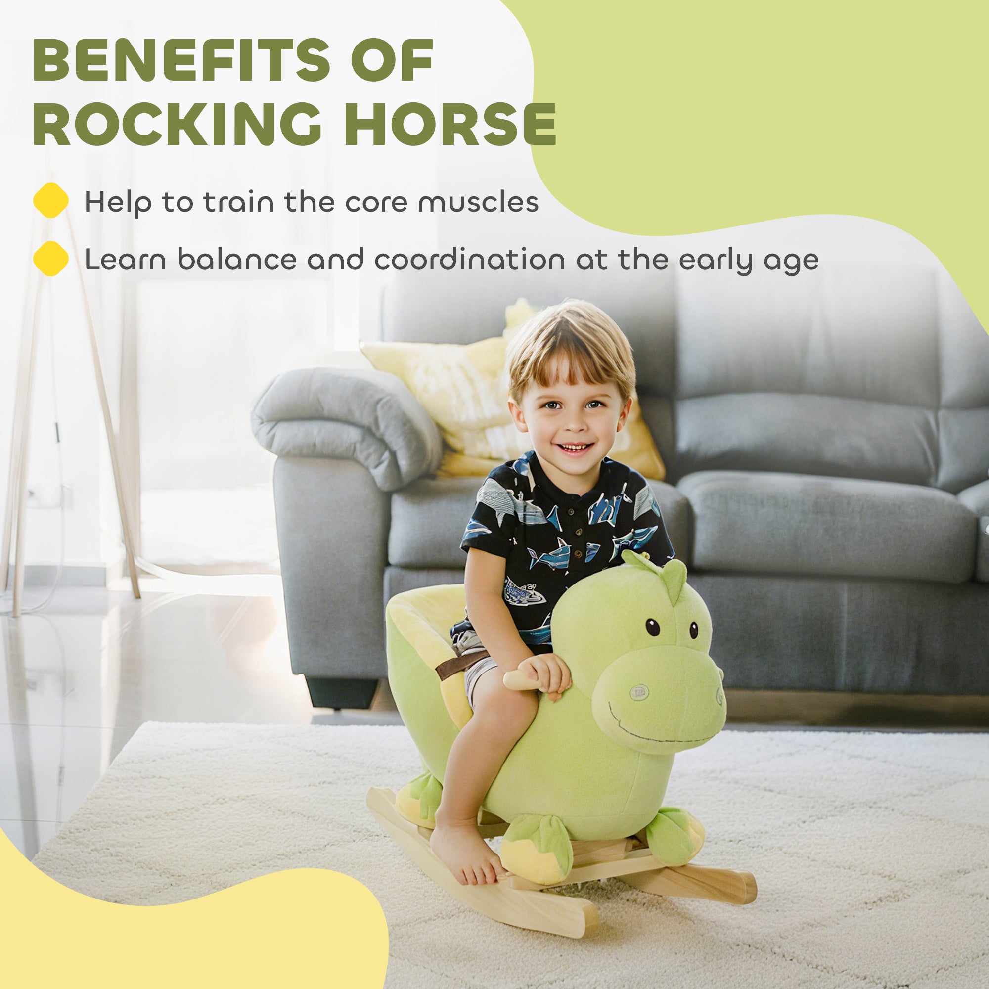Kozy Kids Rocking Horse, Plush Ride-On Dinosaur Seat, with Seat Safety Belt, 32 Songs, Ride-On Horse