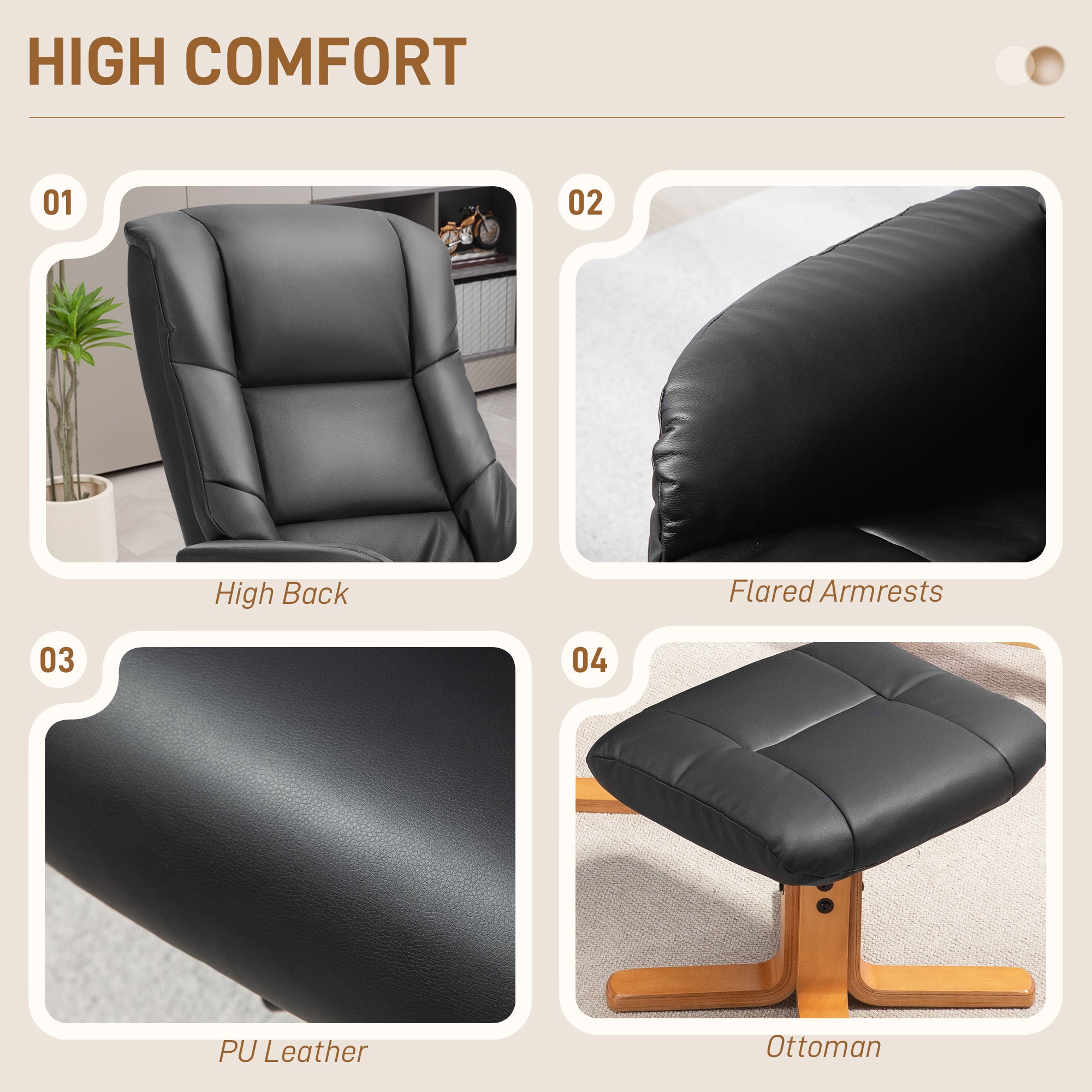 Kozy - Rocking Recliner Chair with Footstool, PU Leather Recliner Armchair with Wood Base, Upholstered Reclining Chair for Living Room Bedroom, Black