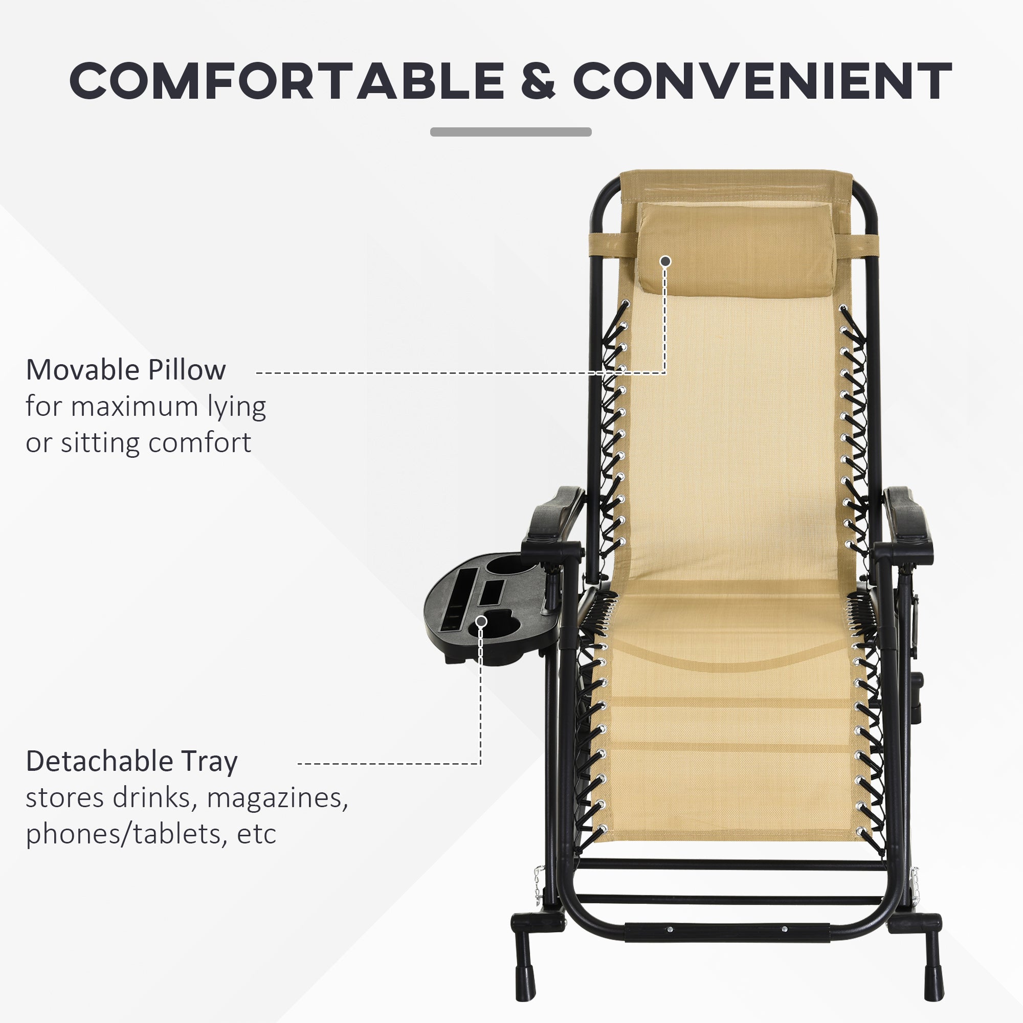 Kozy Garden Rocking Chair Folding Recliner Outdoor Adjustable Sun Lounger Rocker Zero-Gravity Seat with Headrest Side Holder Patio Deck - Beige