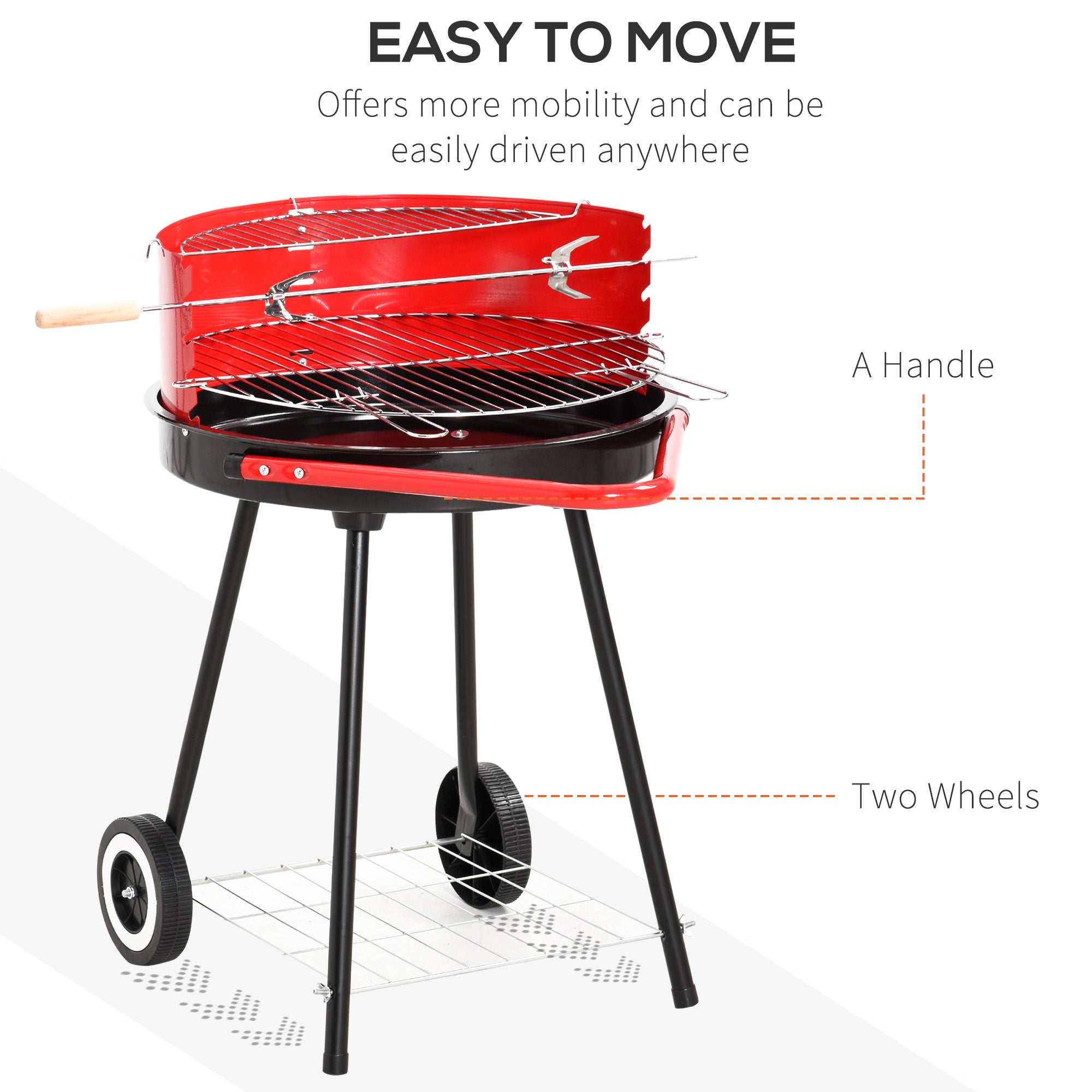 Outsunny Charcoal Barbecue Grill Garden BBQ Trolley w/ Adjustable Grill Pan Height, Wheels and 3 layers, Red