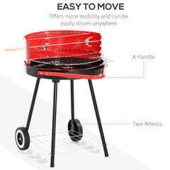 Outsunny Charcoal Barbecue Grill Garden BBQ Trolley w/ Adjustable Grill Pan Height, Wheels and 3 layers, Red