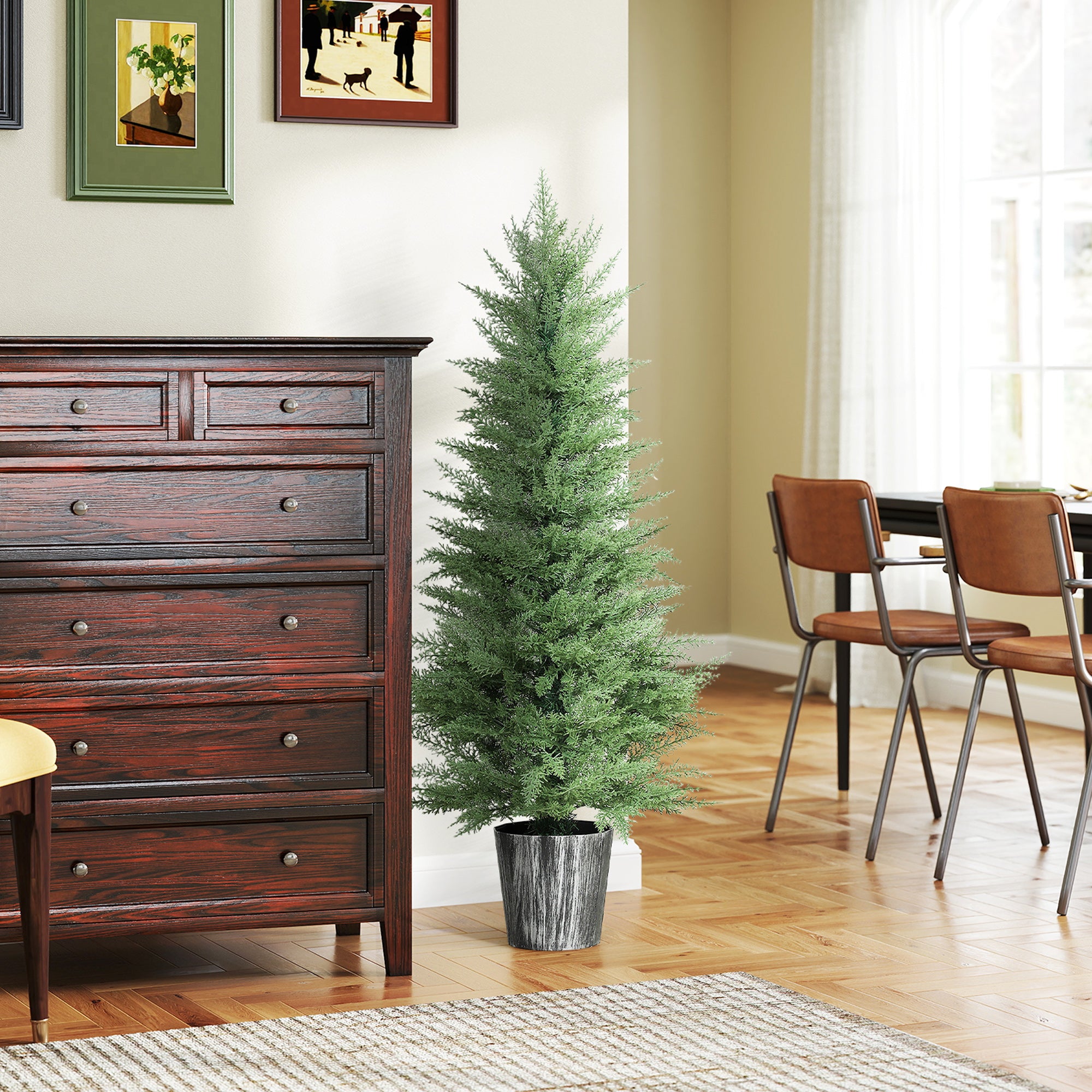 Kozy - 135cm Artificial Cypress Trees Set of 2, UV Resistant Artificial Plants with Decorative Pot, Fake Plants for Indoor Outdoor Decor, Green