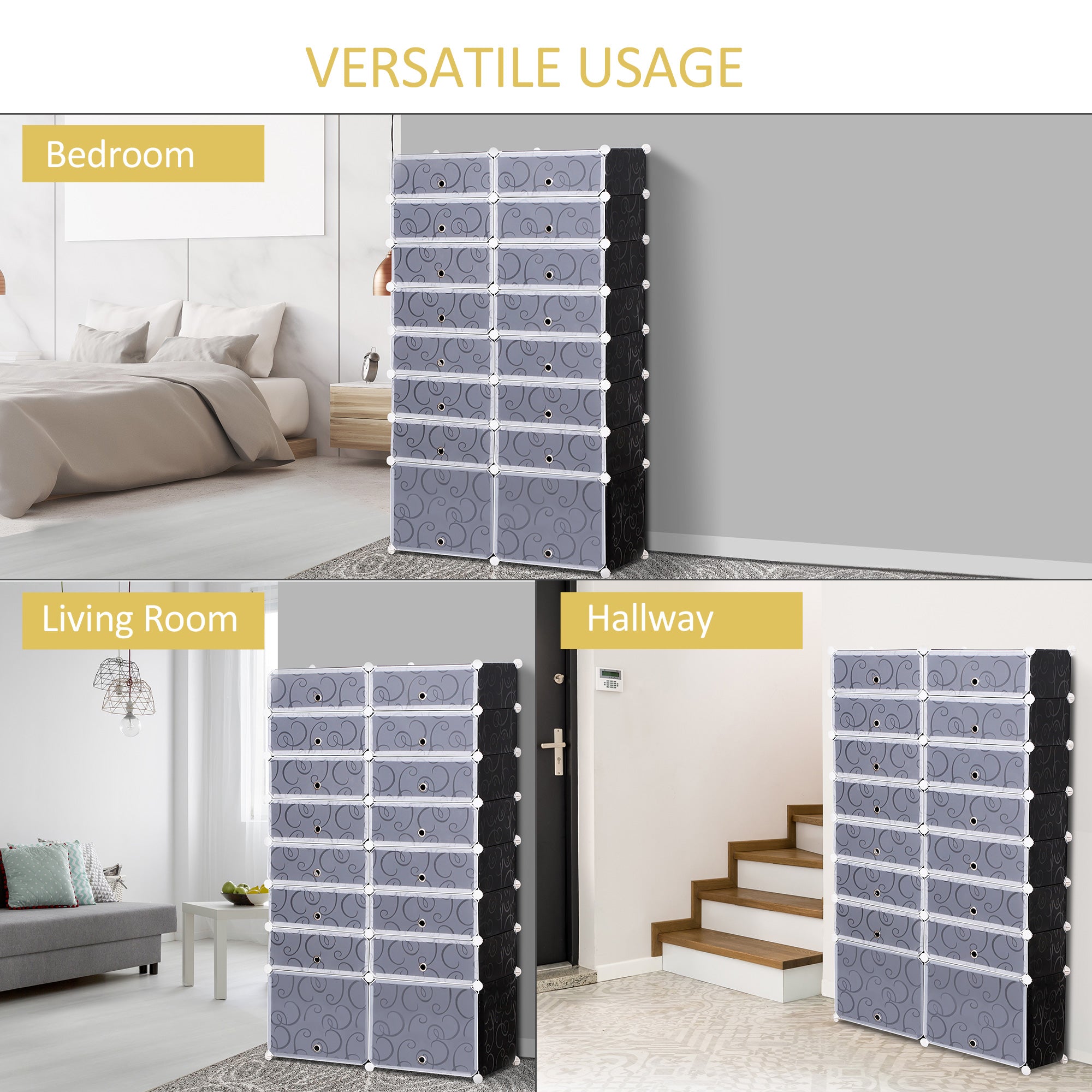 Kozy 16 Cube Shoe Rack, 2 x 8 Tier Shoe Storage Cabinet, Modular Plastic Shelves for Bedroom, Living Room and Entryway, Space Saving Footwear Organizer, 32 Pairs, White and Black